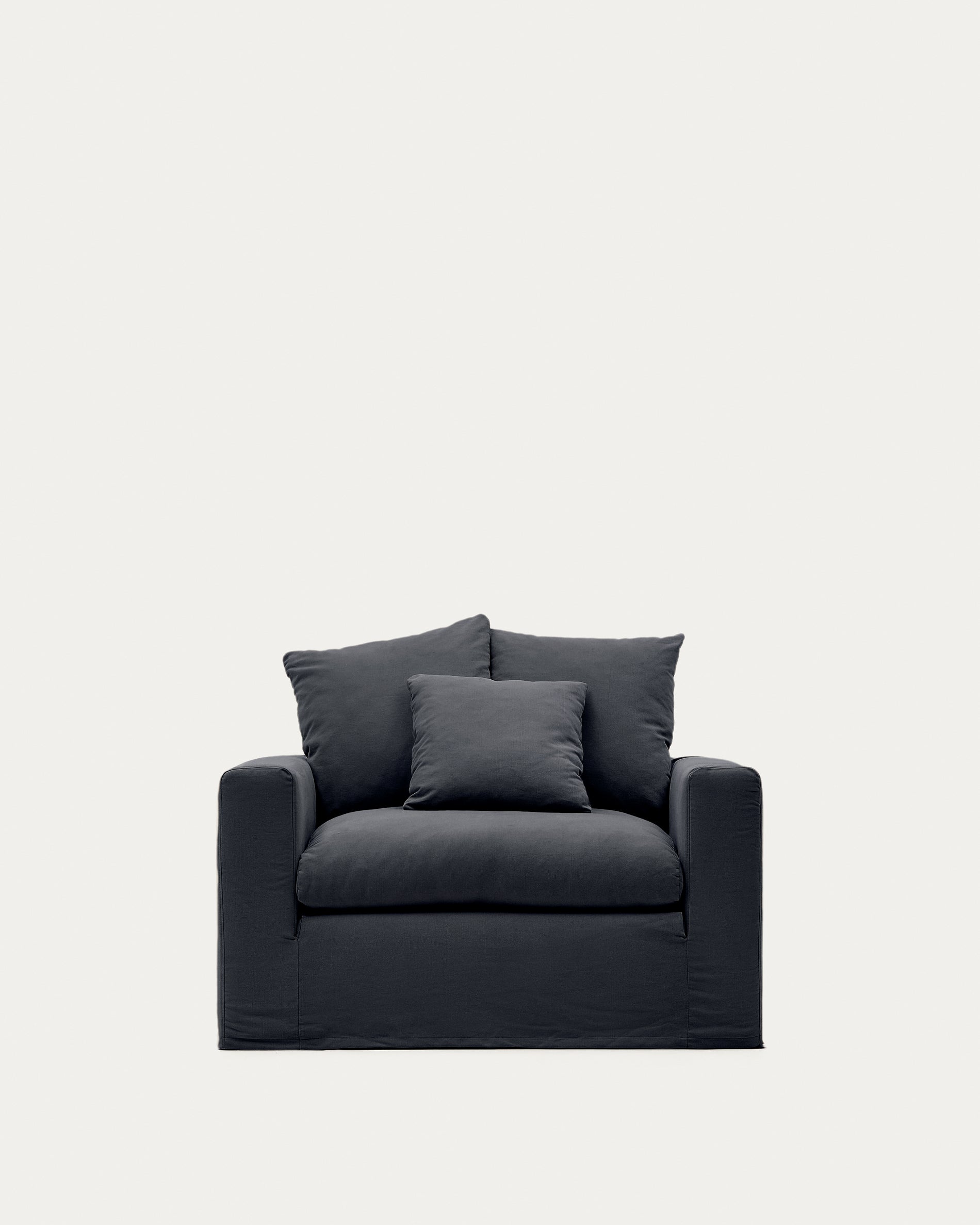 Nora armchair with removable cover and gray anthracite canvas and cotton cushion 140 cm