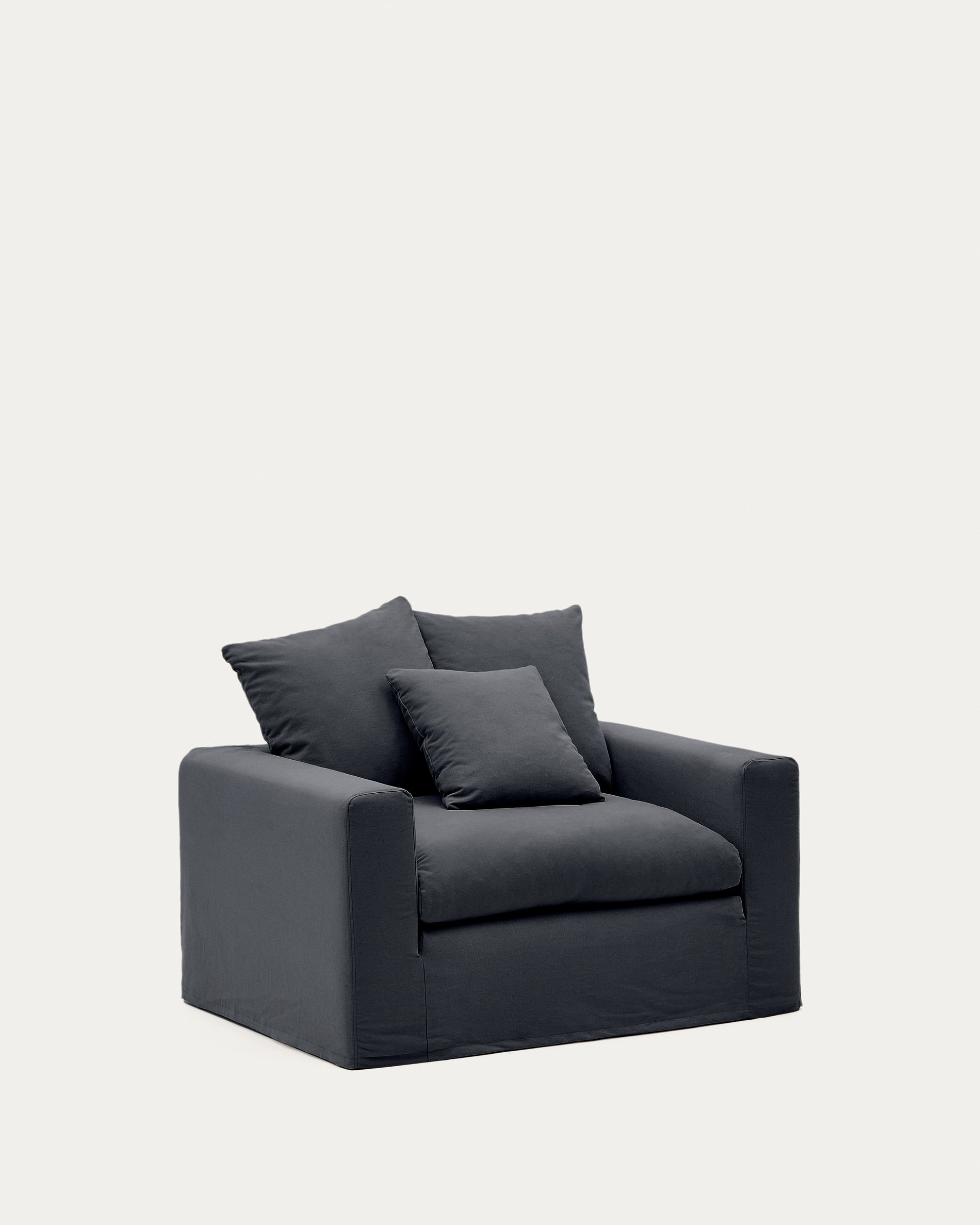 Nora armchair with removable cover with linen and cotton cushion in anthracite grey 140cm - Product View