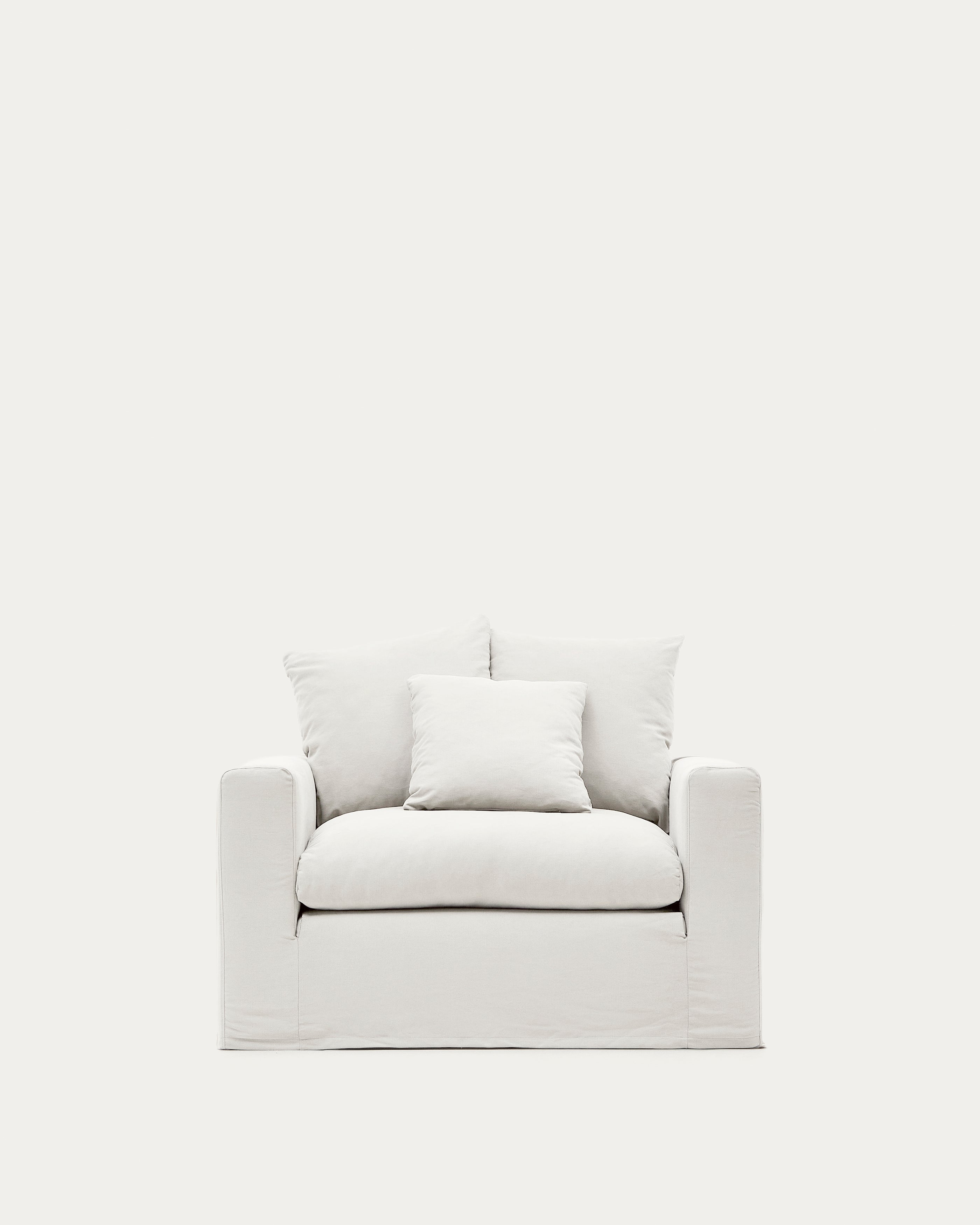Nora armchair with removable cover with linen and cotton cushion in ecru 140cm - Product Image