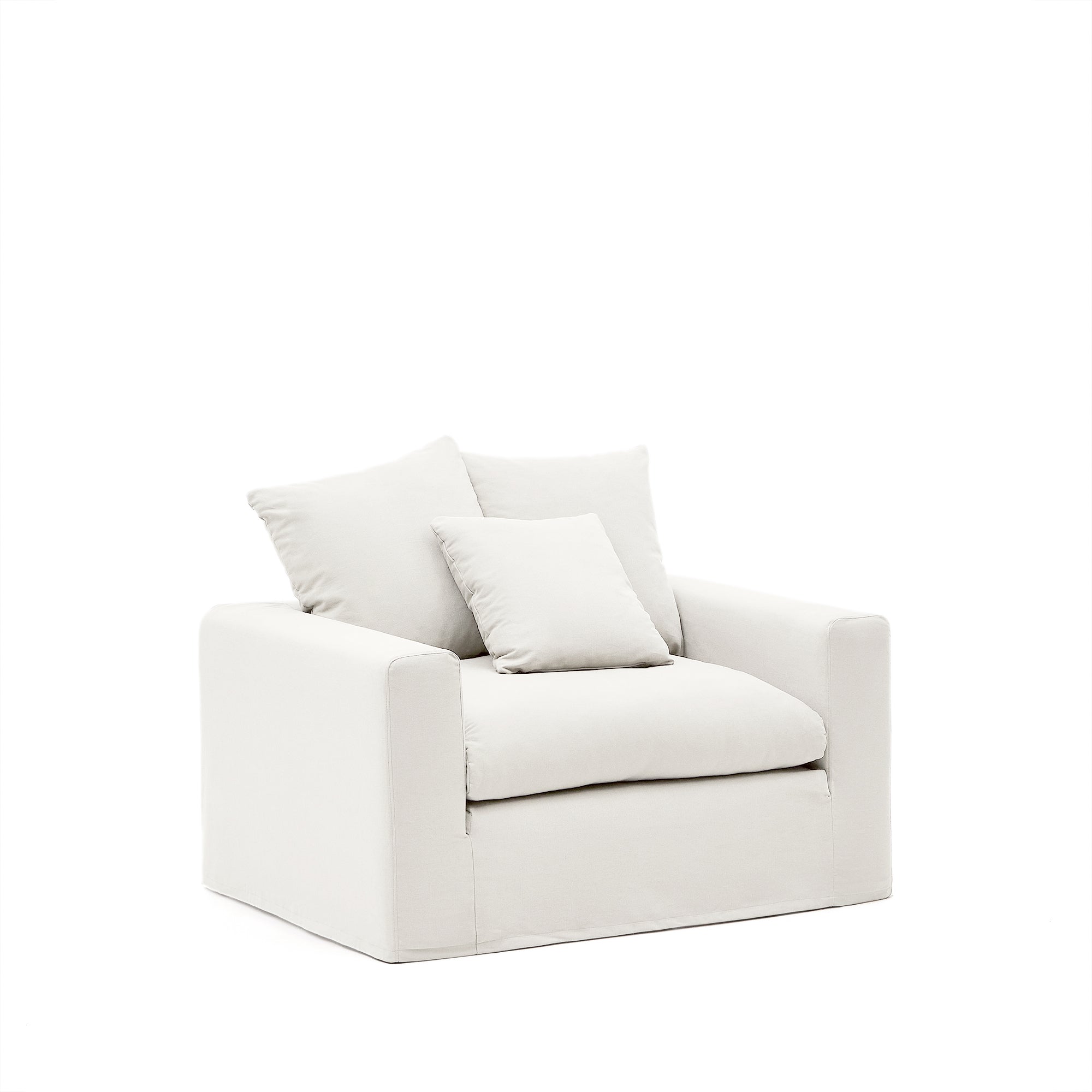 Nora armchair with removable cover and ecru canvas and cotton cushion 140 cm