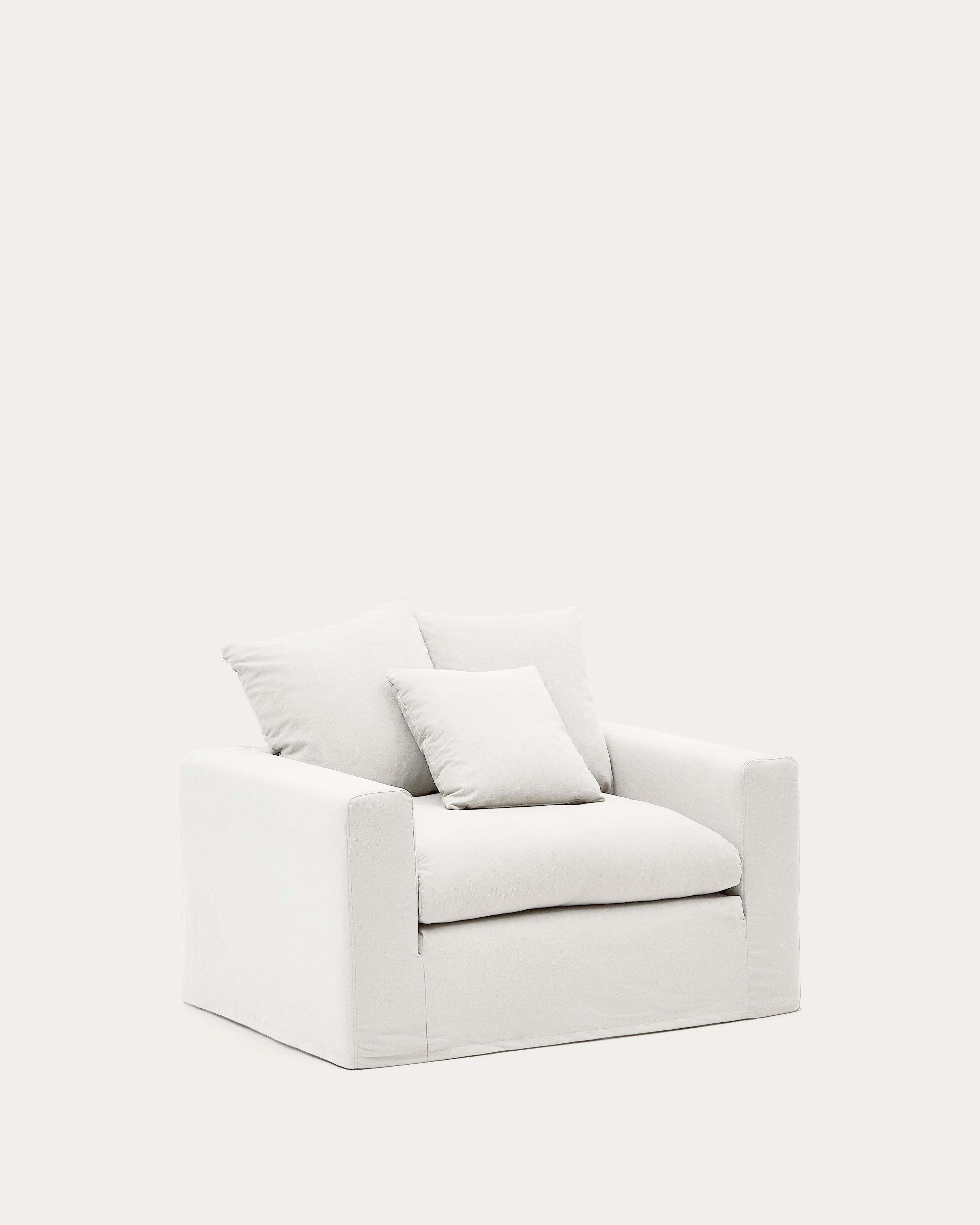 Nora armchair with removable cover with linen and cotton cushion in ecru 140cm - Product Image