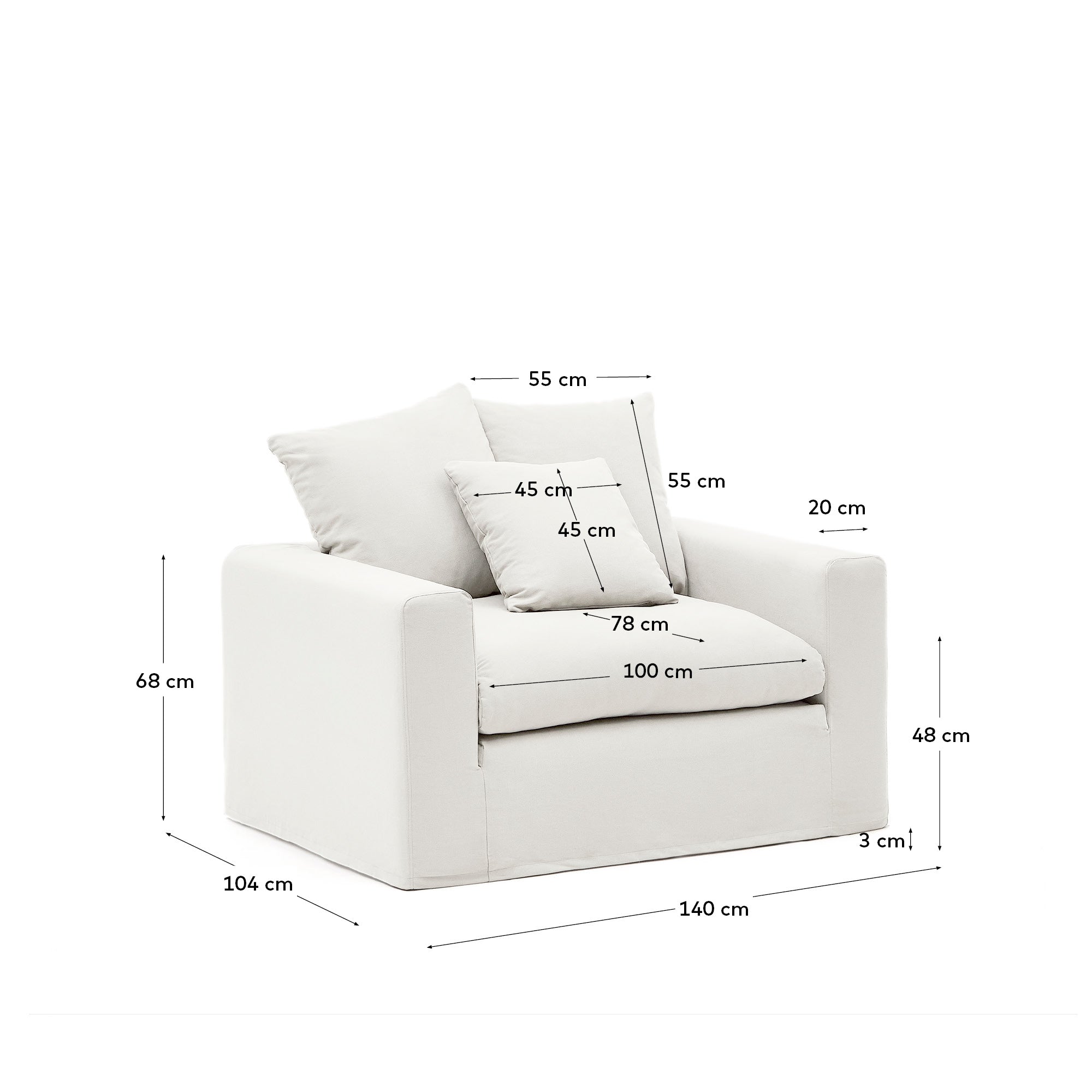 Nora armchair with removable cover with linen and cotton cushion in ecru 140cm - Measurements