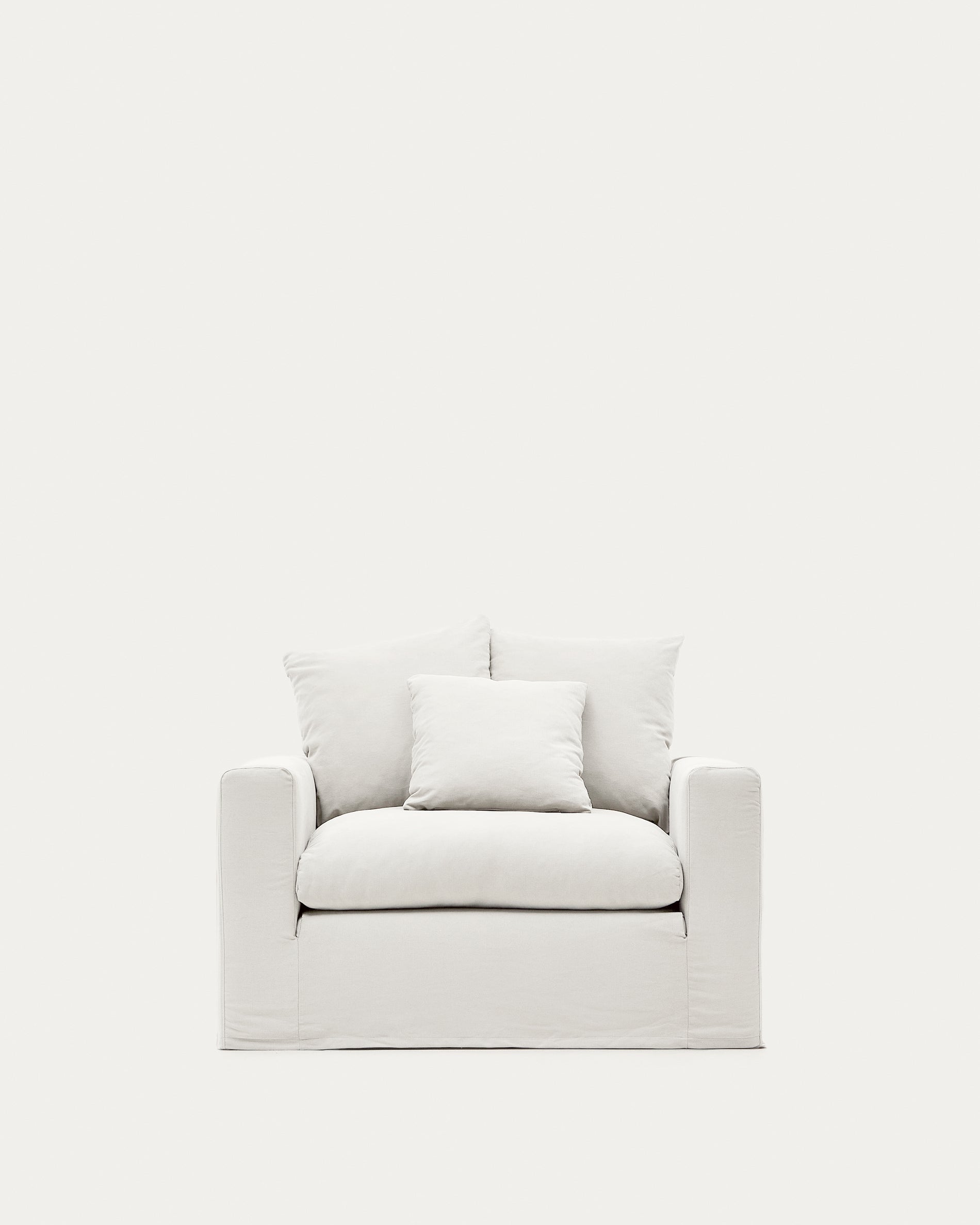 Nora armchair with removable cover and ecru canvas and cotton cushion 140 cm