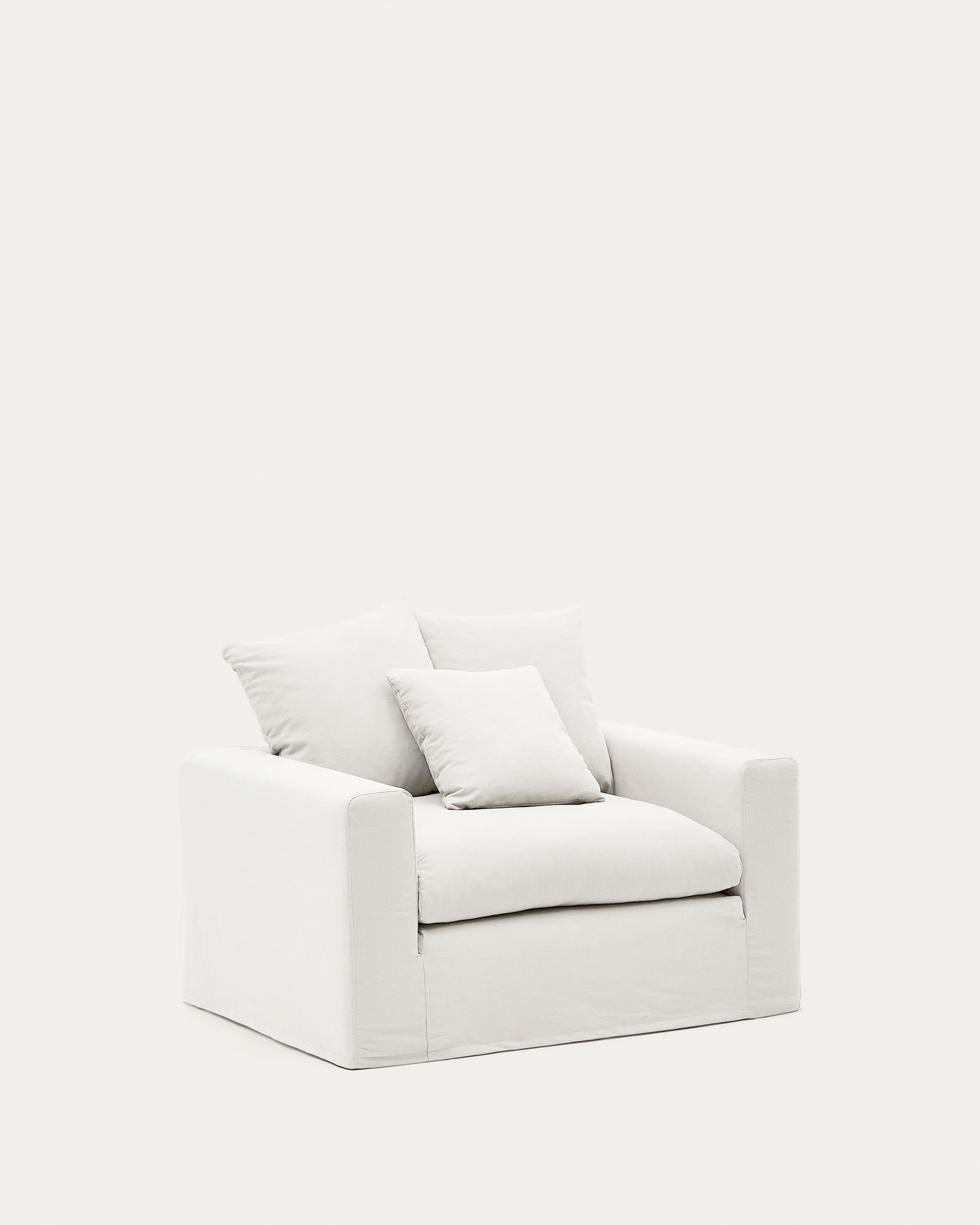 Nora armchair with removable cover and ecru canvas and cotton cushion 140 cm