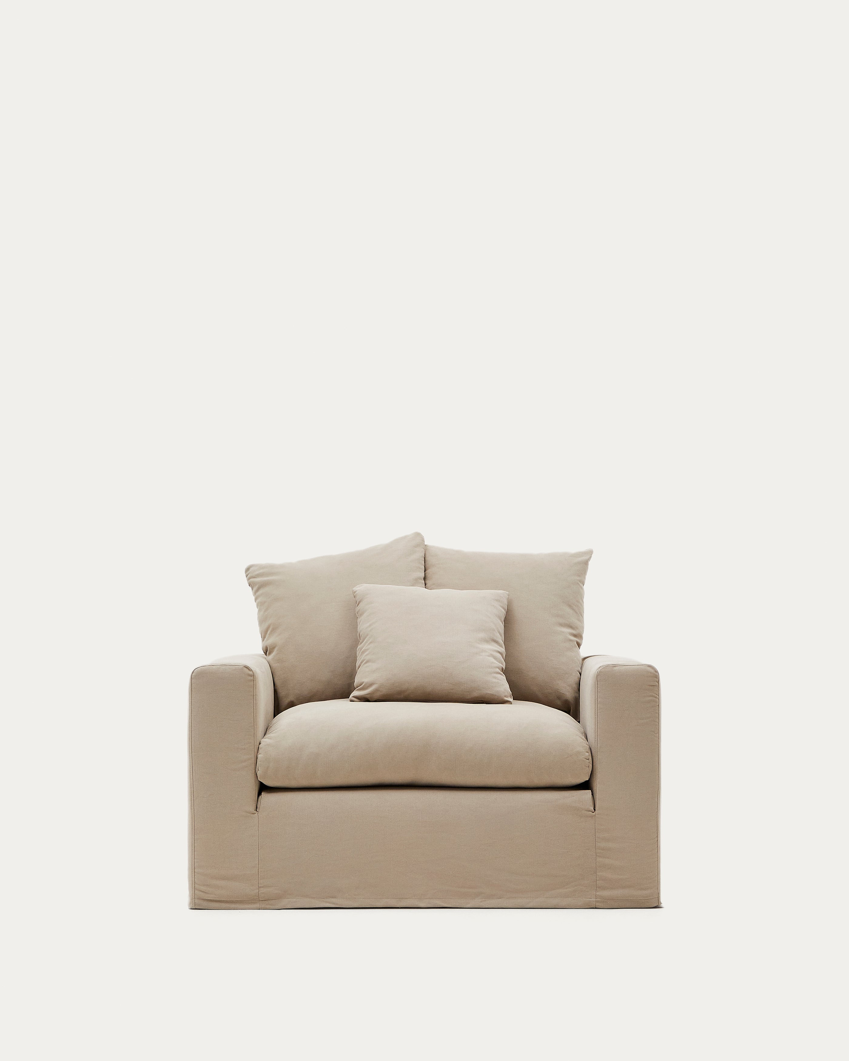Nora armchair with removable cover with linen and cotton cushion in taupe 140cm - Product Image