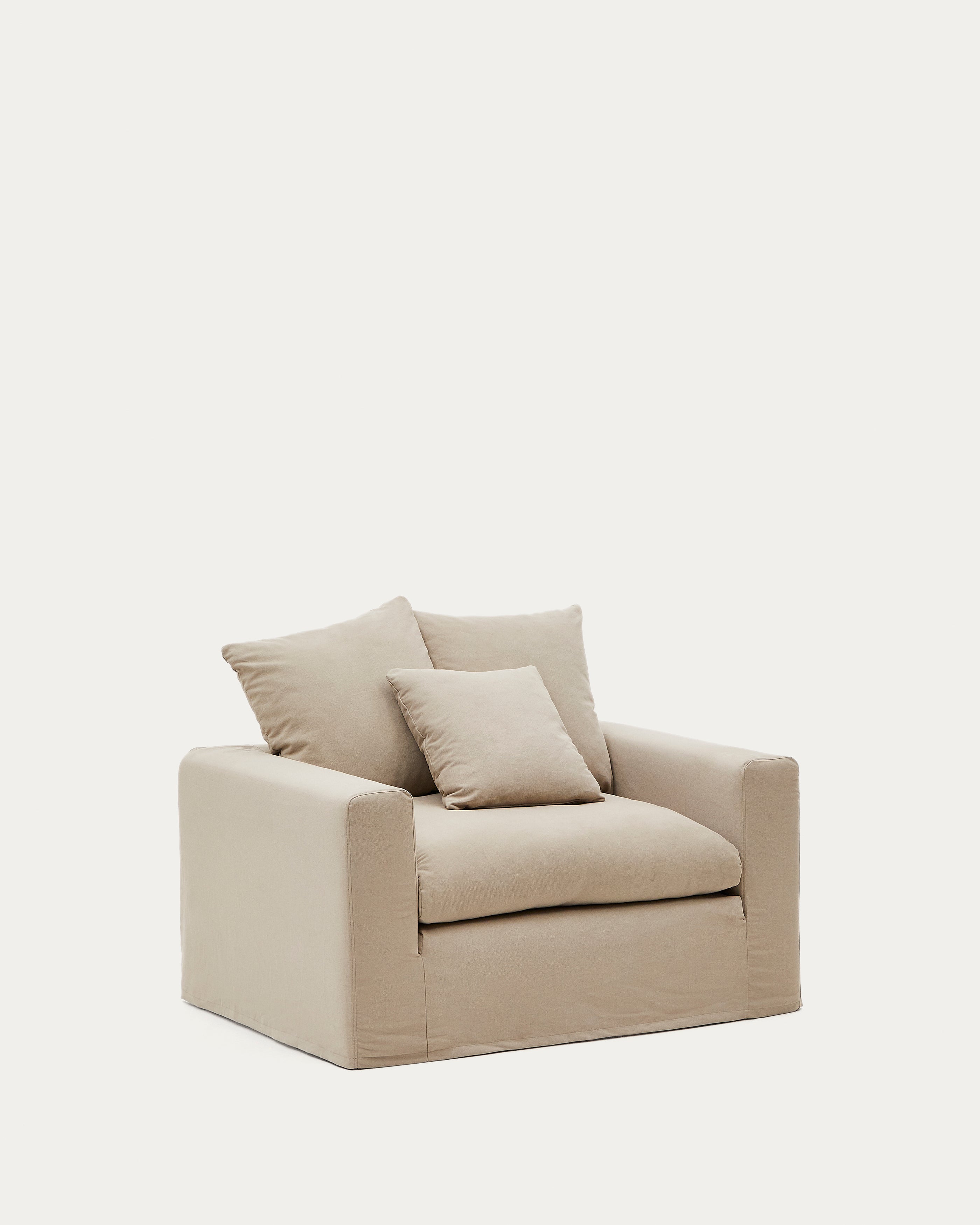 Nora armchair with removable cover with linen and cotton cushion in taupe 140cm - Product Image