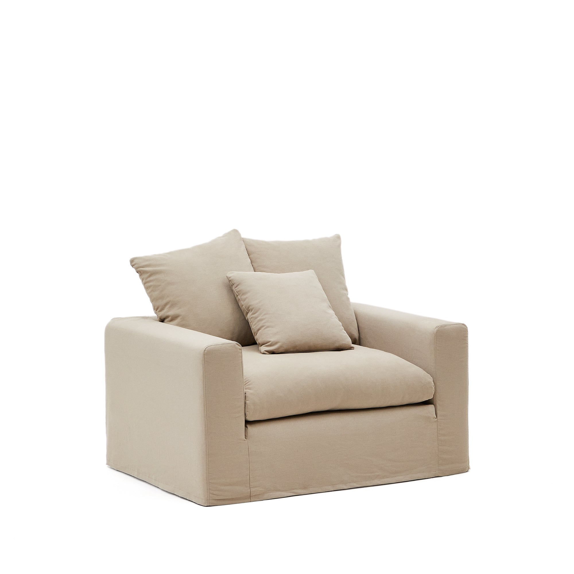 Nora armchair with removable cover with linen and cotton cushion in taupe 140cm - Product Image