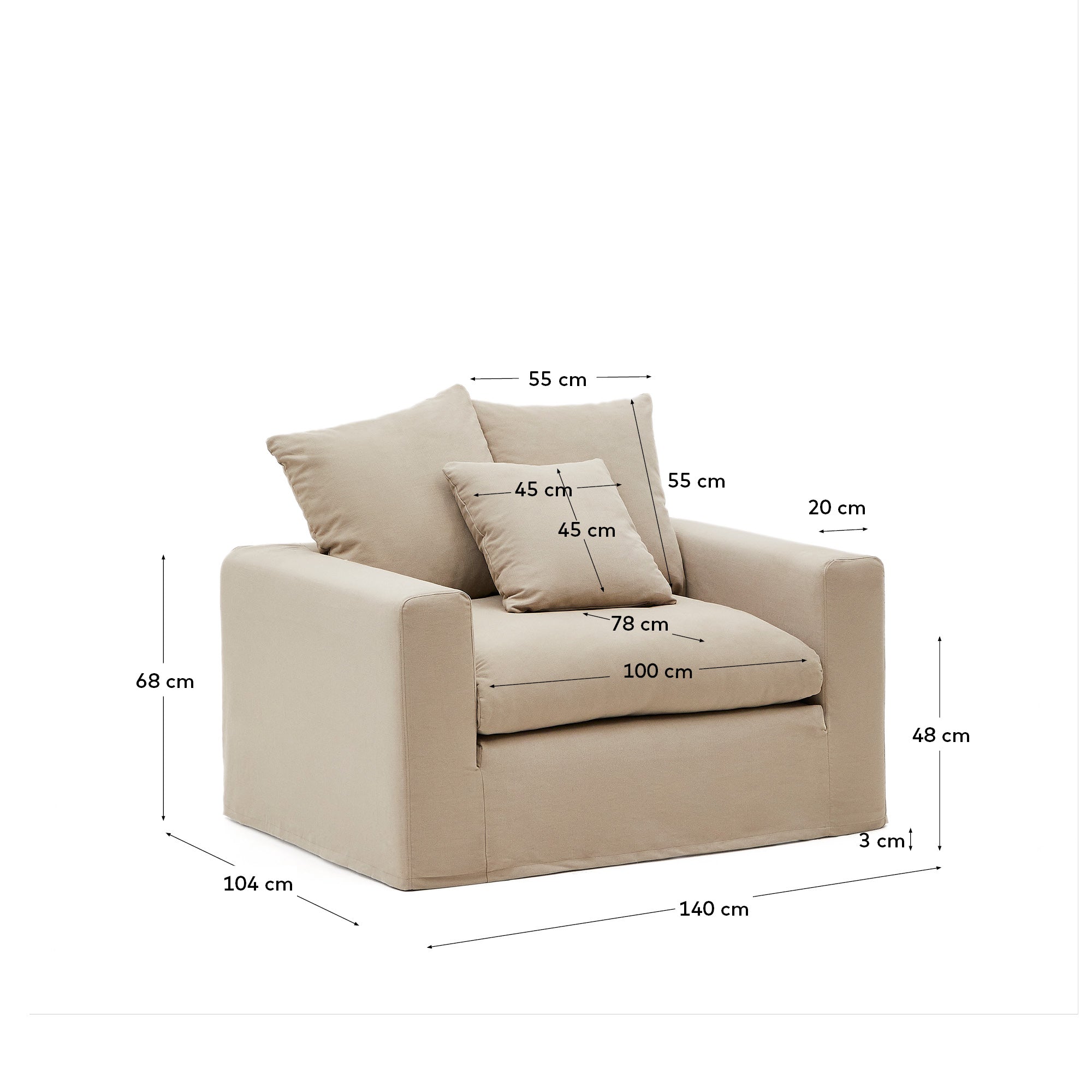 Nora armchair with removable cover with linen and cotton cushion in taupe 140cm - Measurements