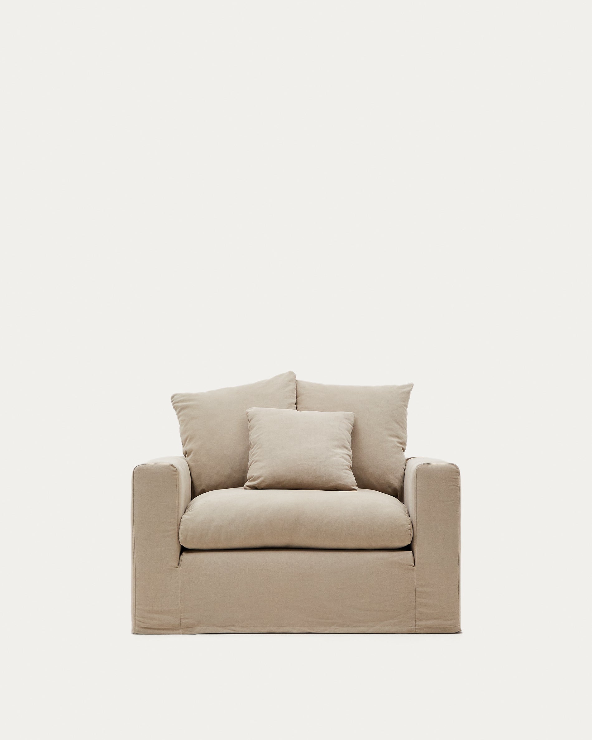 Nora armchair with removable cover and ocher canvas and cotton cushion 140 cm