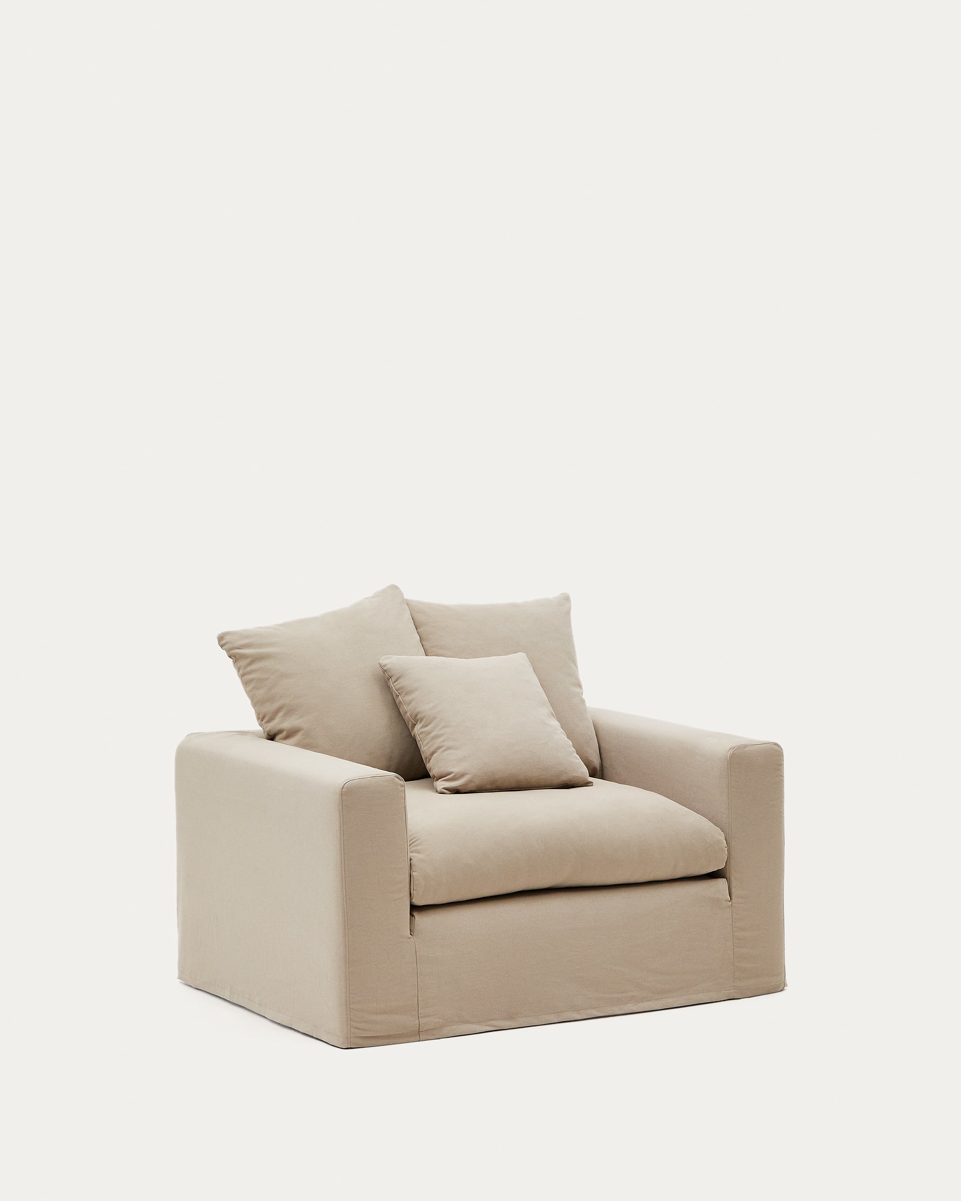 Nora armchair with removable cover with linen and cotton cushion in taupe 140cm - Product View
