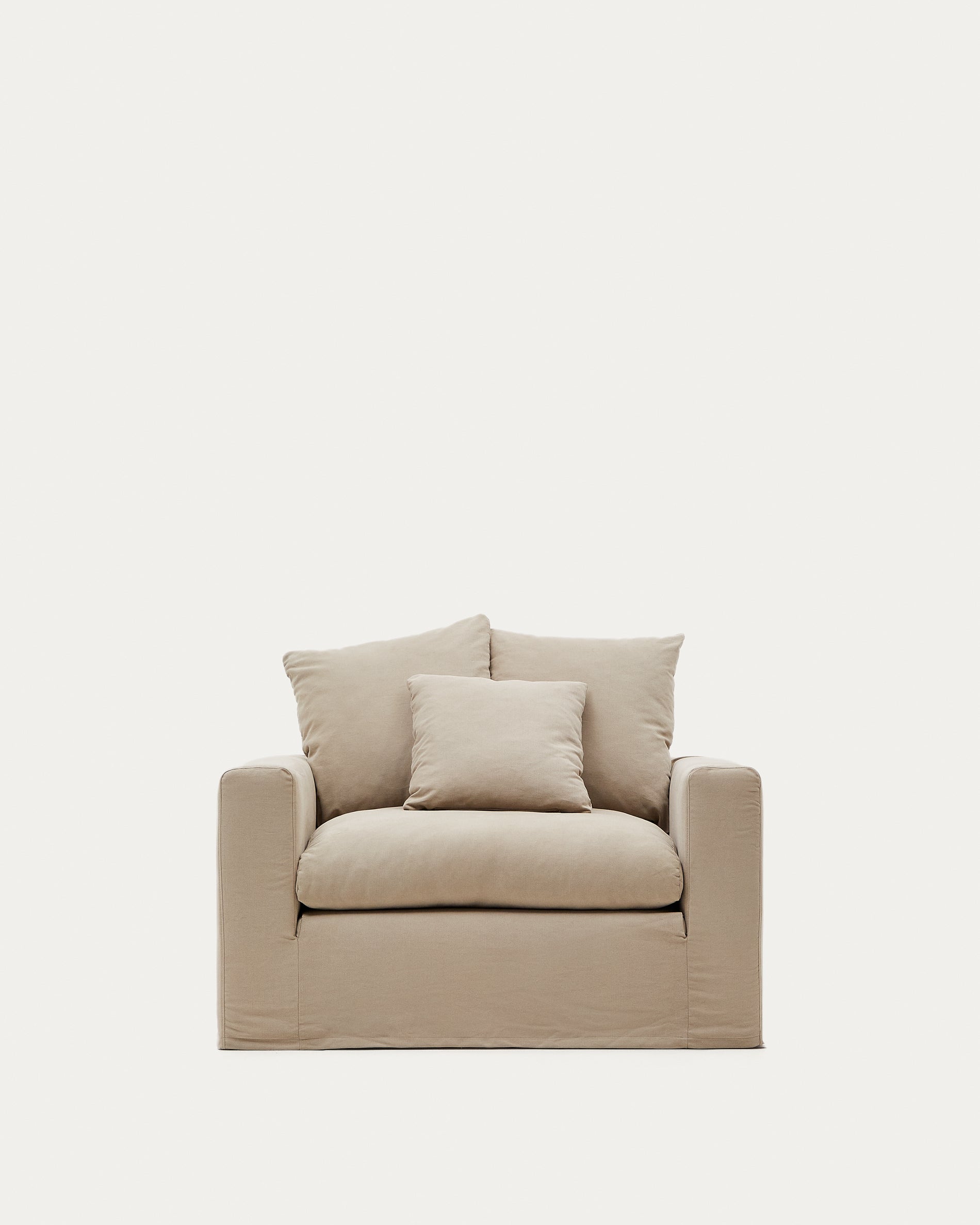 Nora armchair with removable cover with linen and cotton cushion in taupe 140cm - Product View