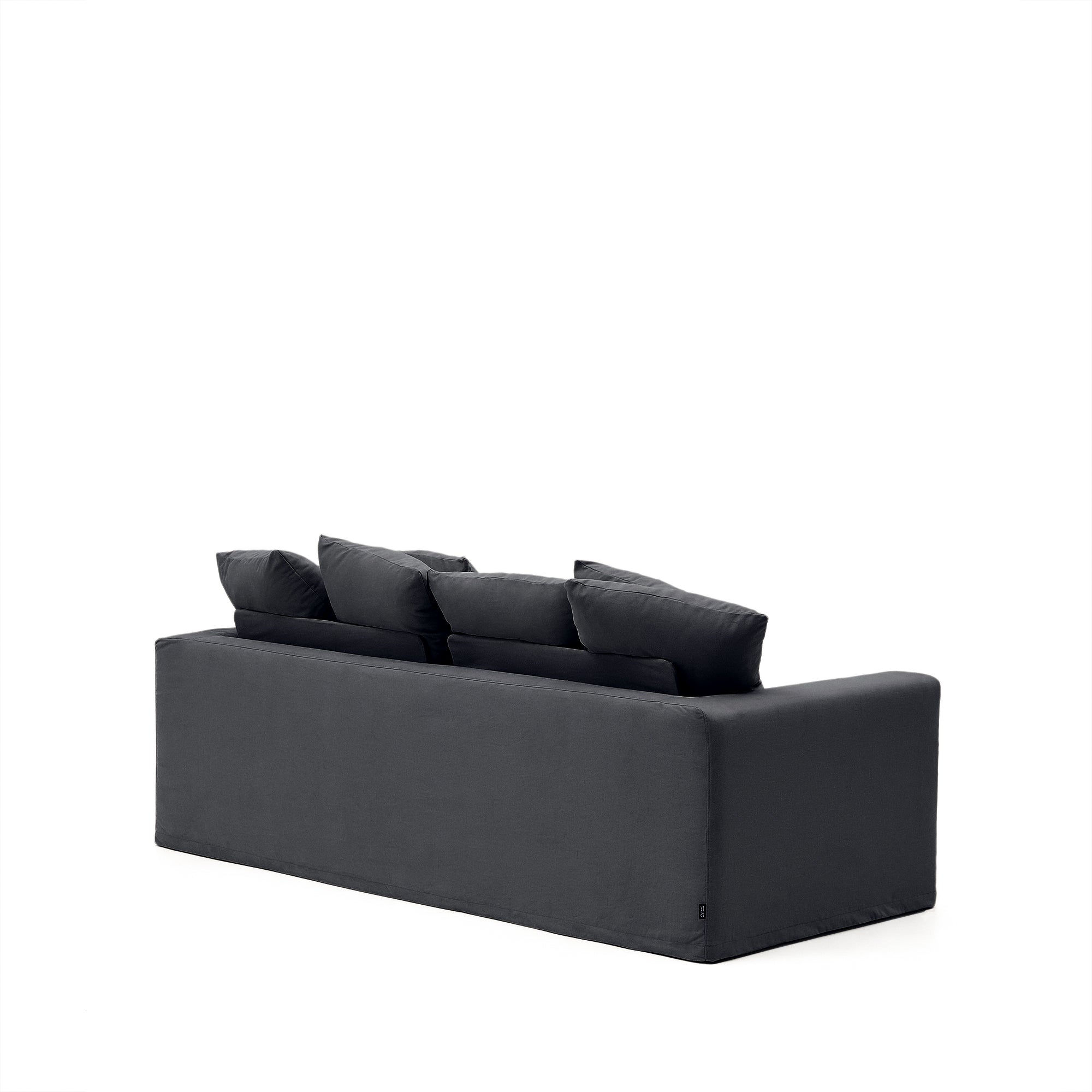 Nora three-seater sofa with removable cover and anthracite gray linen and cotton cushions, 240 cm
