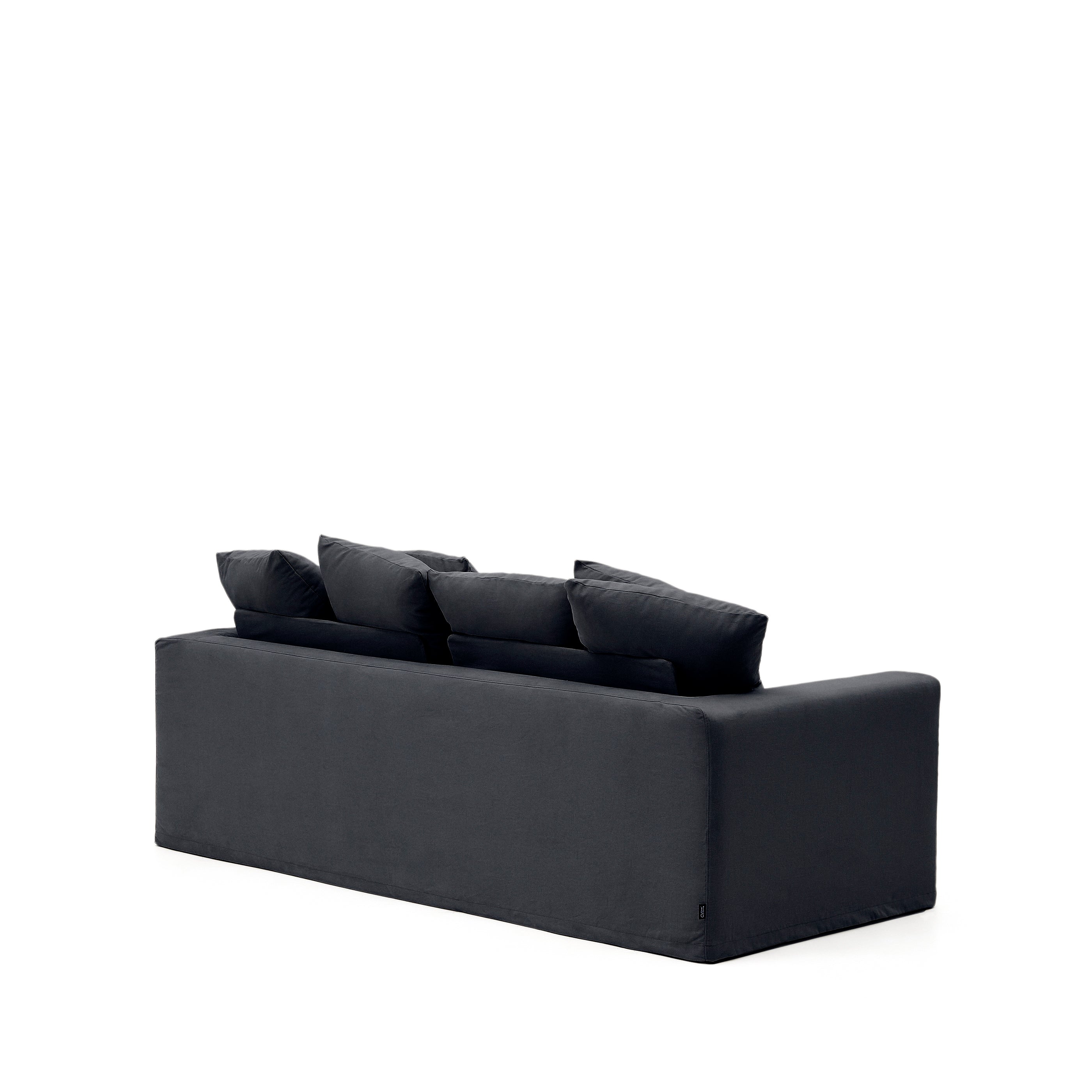 Nora three-seater sofa with removable cover and anthracite gray linen and cotton cushions, 240 cm