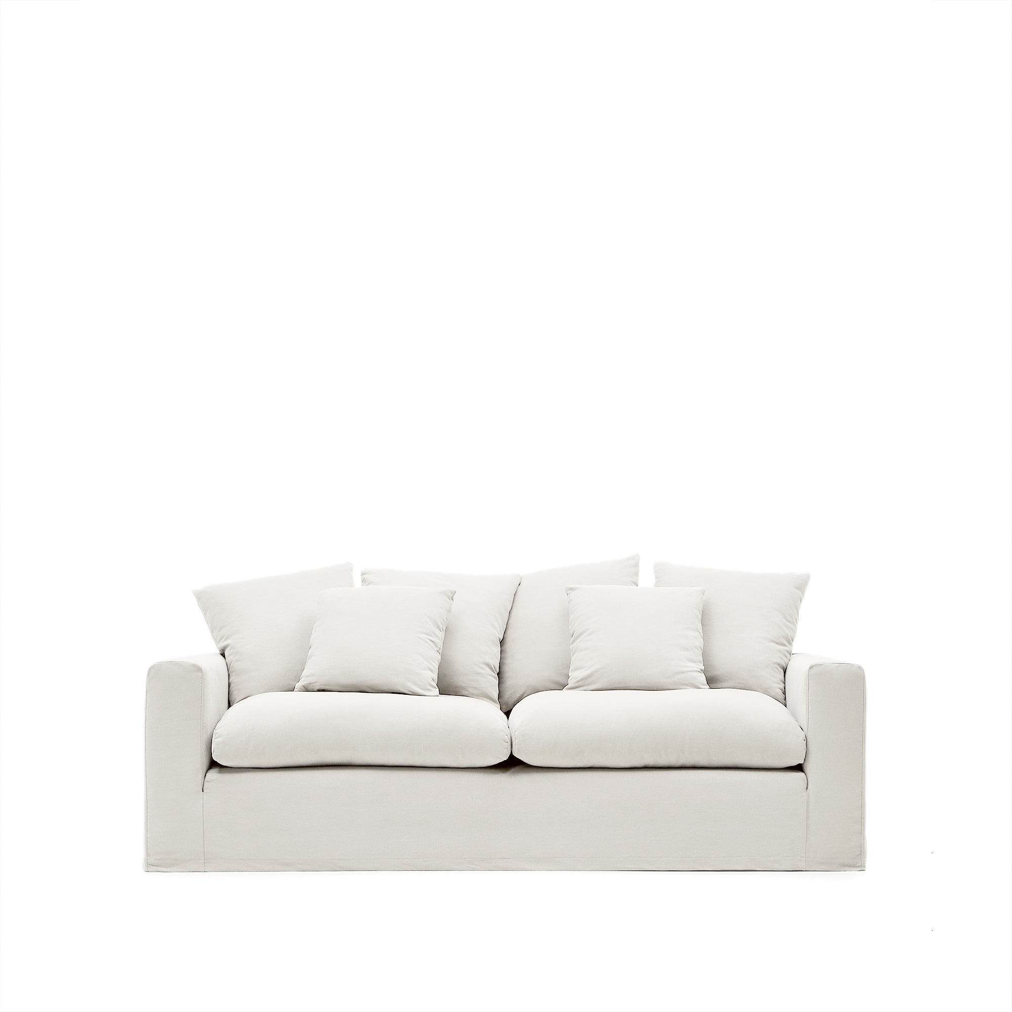 Nora three-seater sofa with removable cover and ecru linen and cotton cushions, 240 cm