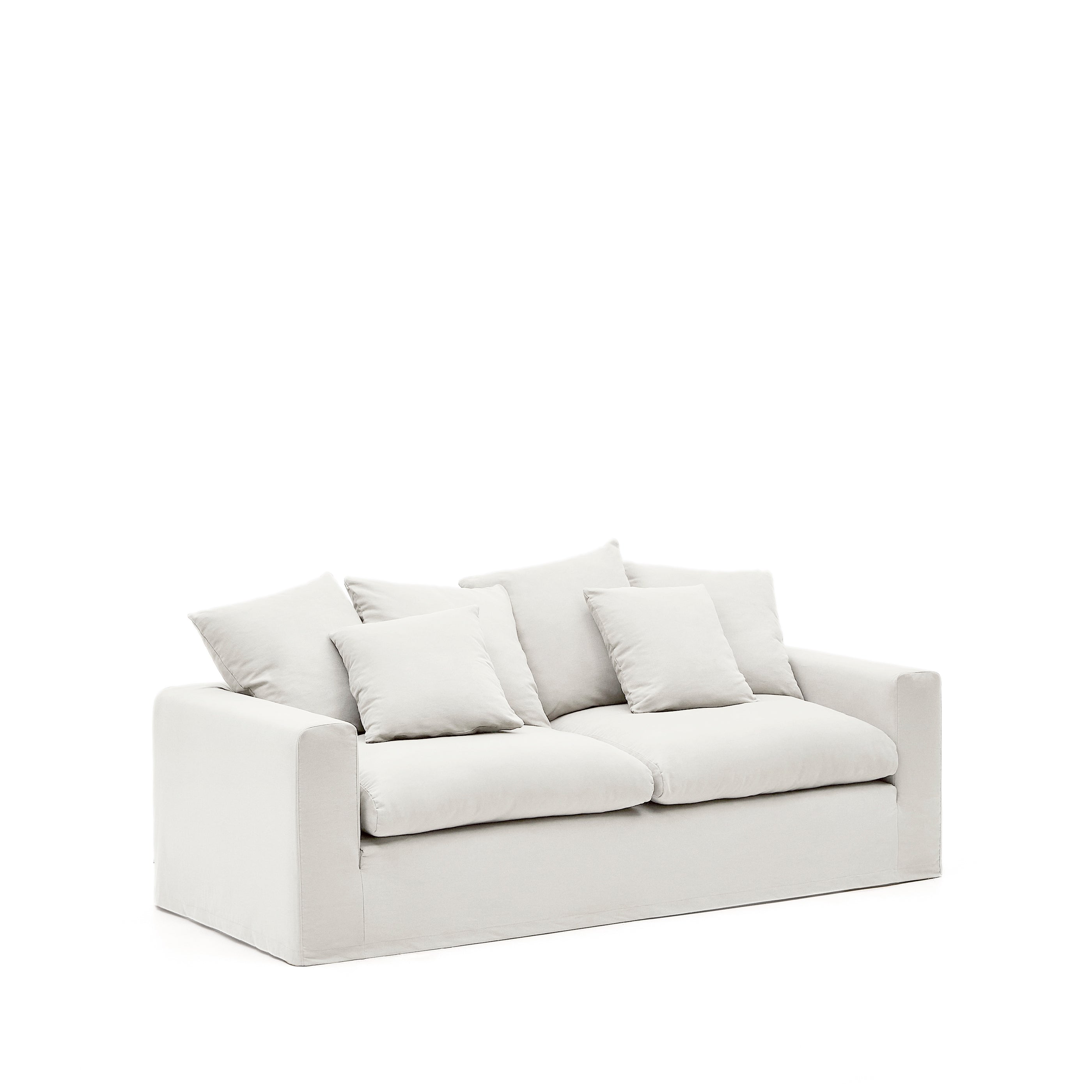 Nora three-seater sofa with removable cover and ecru linen and cotton cushions, 240 cm