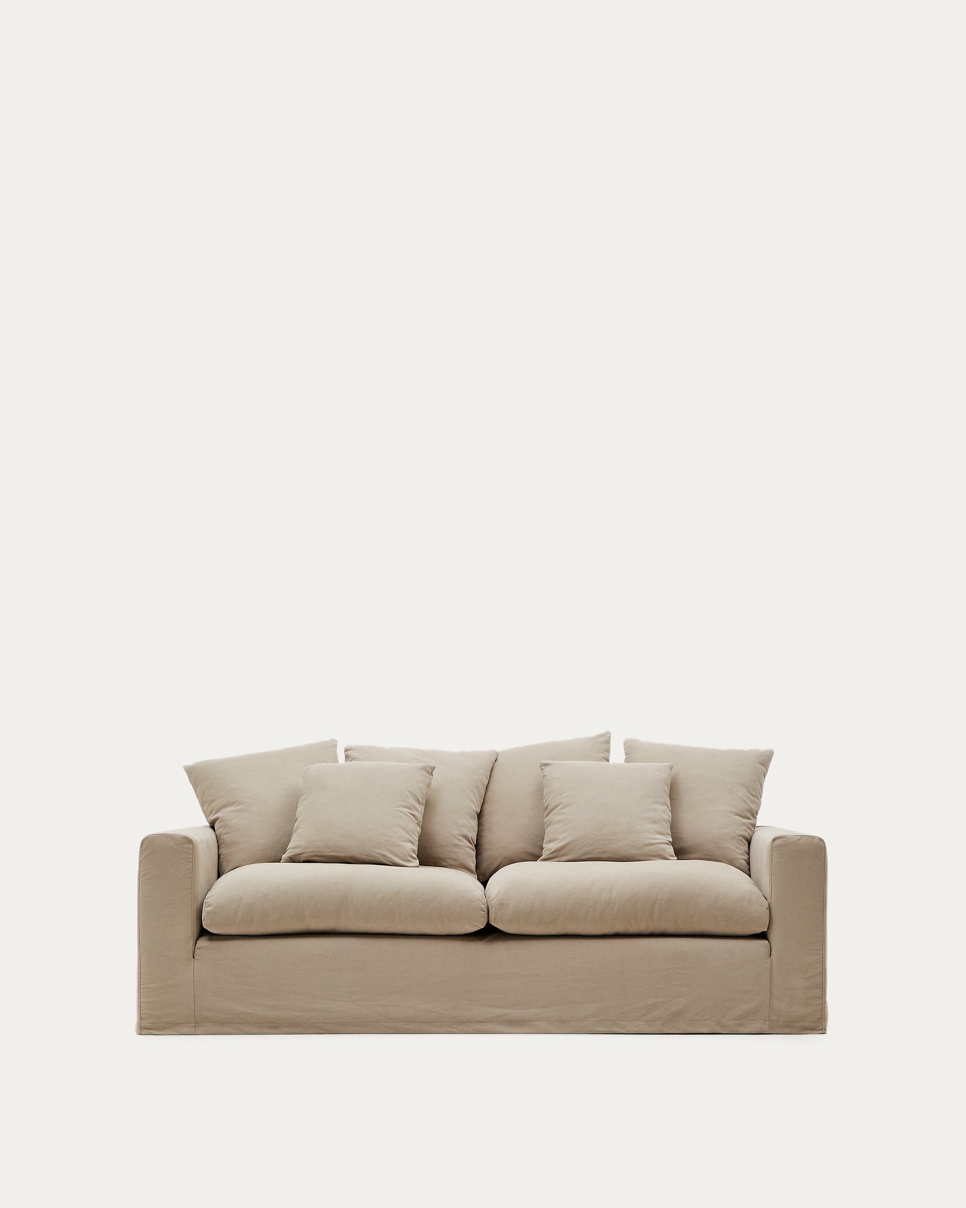 Nora 3-seater sofa with removable cover with linen and cotton cushions in taupe 240cm - Product View