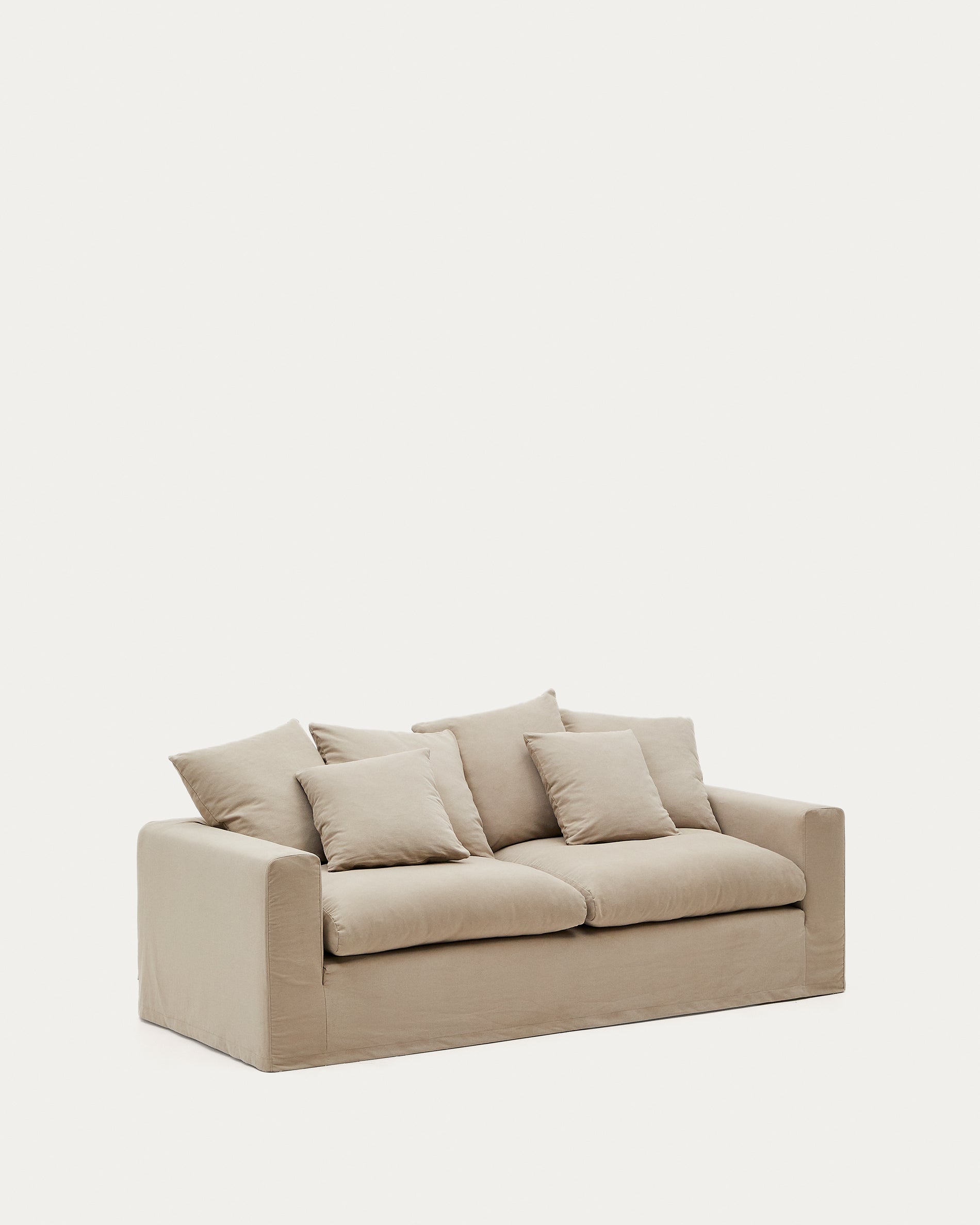 Nora 3-seater sofa with removable cover with linen and cotton cushions in taupe 240cm - Product View