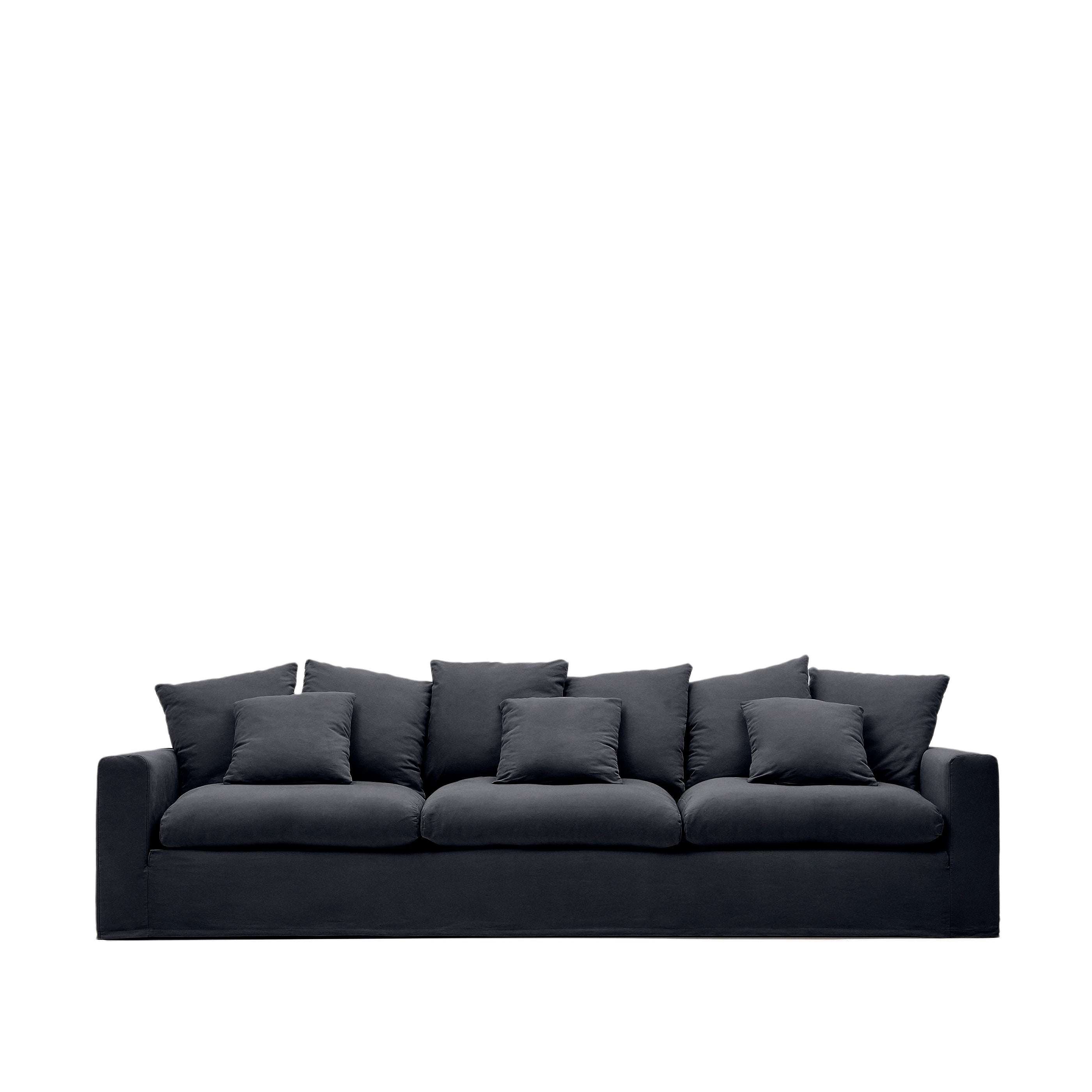Nora 4-seater sofa with removable cover and anthracite gray linen and cotton cushions, 340 cm