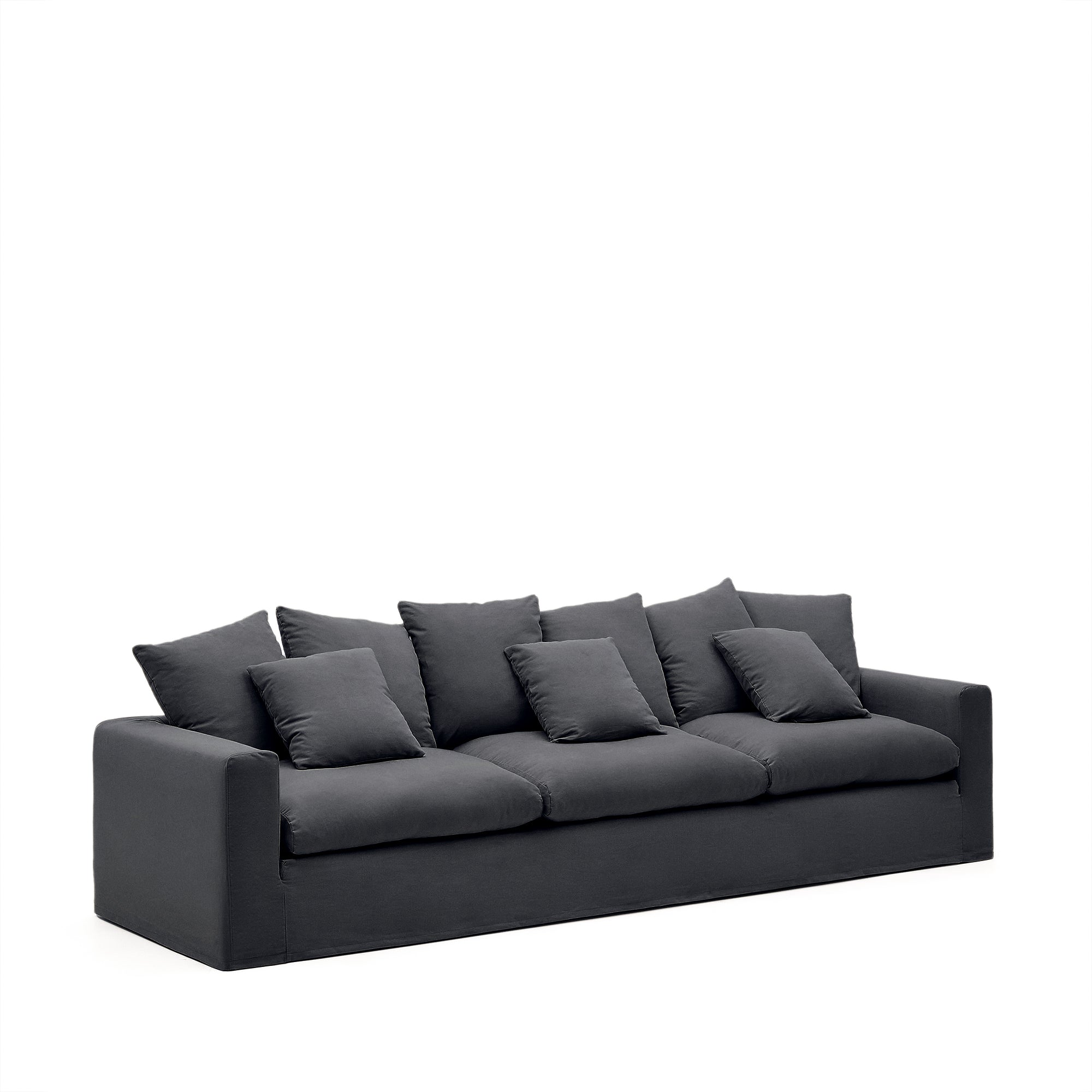 Nora 4 személyes kanapé levehető huzattal és szürke antracit színű len- és pamutpárnákkal, 340 cm