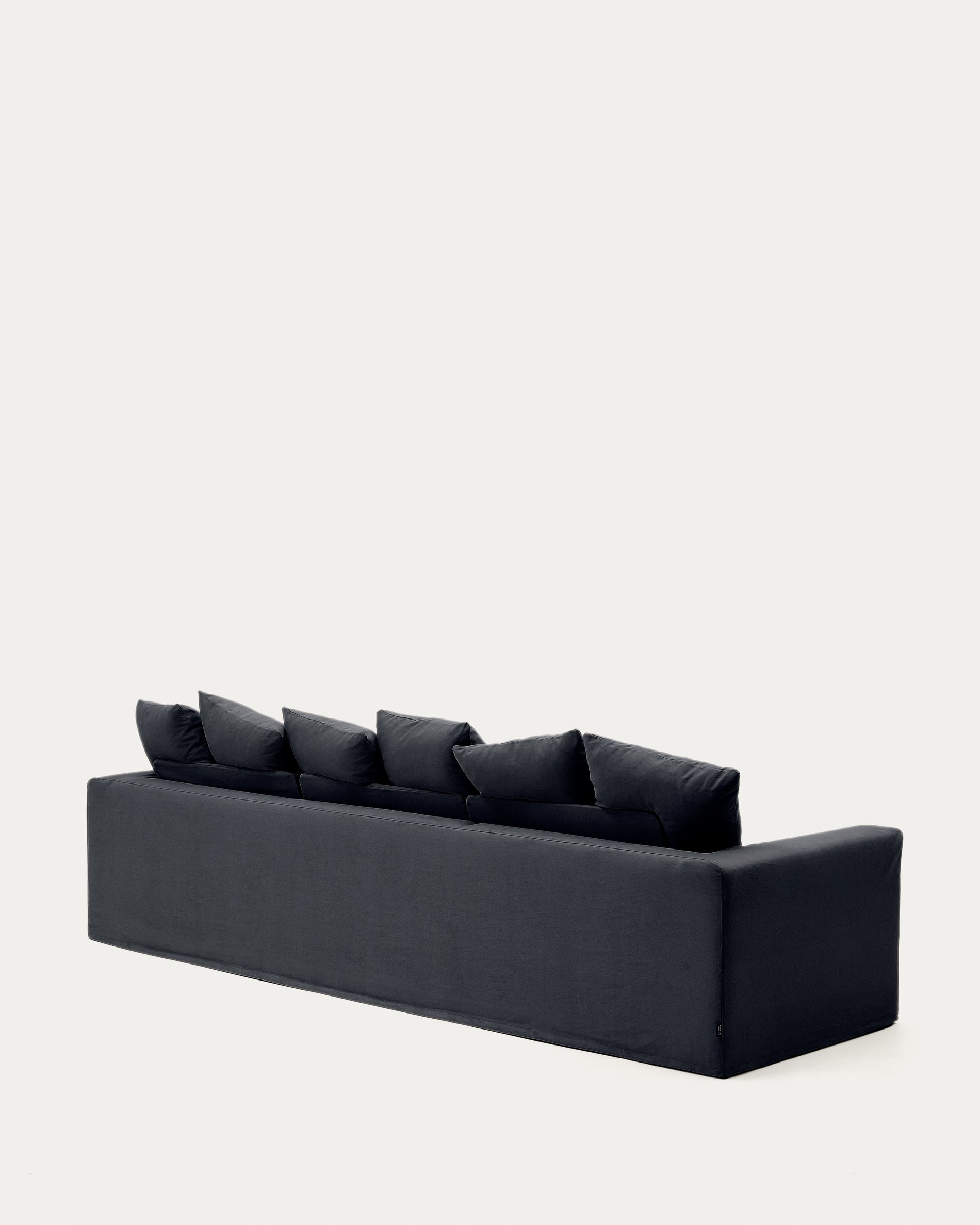Nora 4-seater sofa with removable cover and anthracite gray linen and cotton cushions, 340 cm