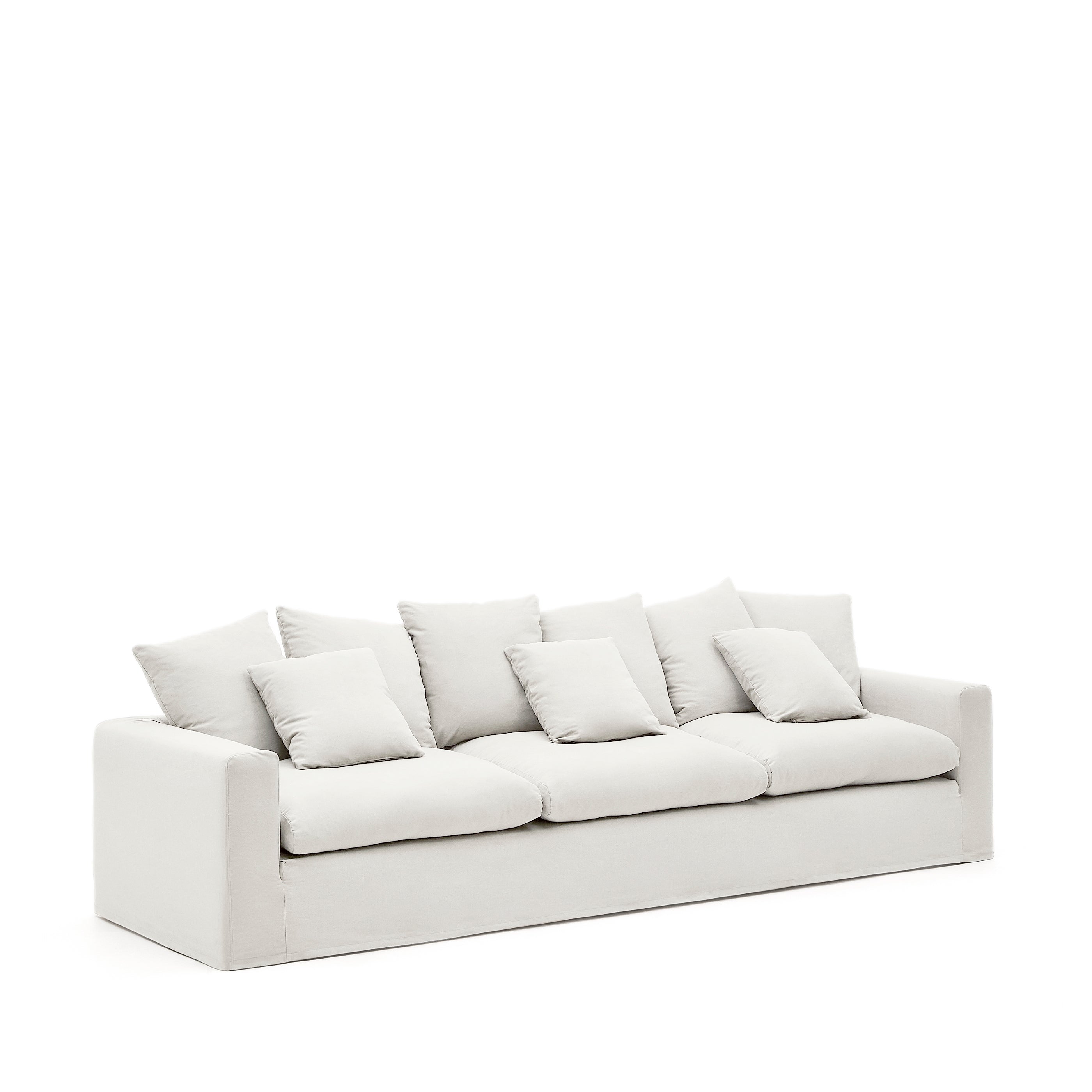 Nora four-seater sofa with removable cover and ecru linen and cotton cushions 340 cm