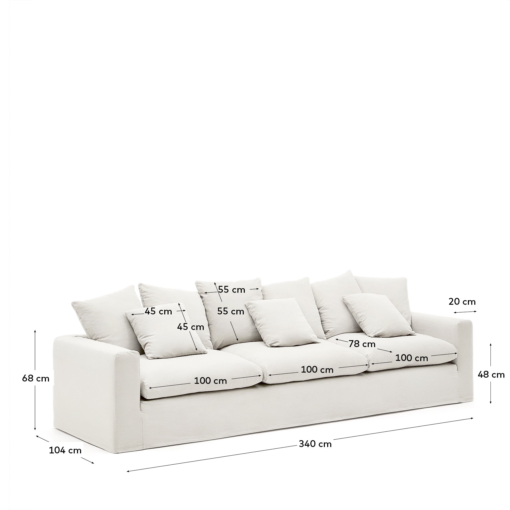 Nora 4-seater sofa with removable cover with linen and cotton cushions in ecru 340cm - Measurements