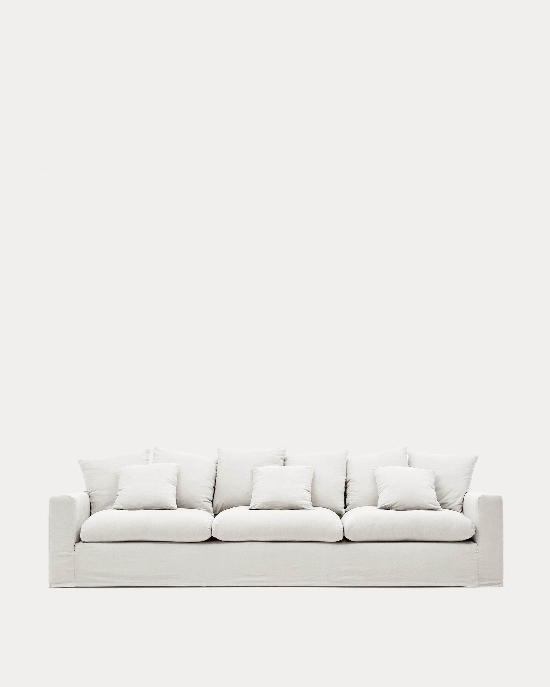 Nora four-seater sofa with removable cover and ecru linen and cotton cushions 340 cm