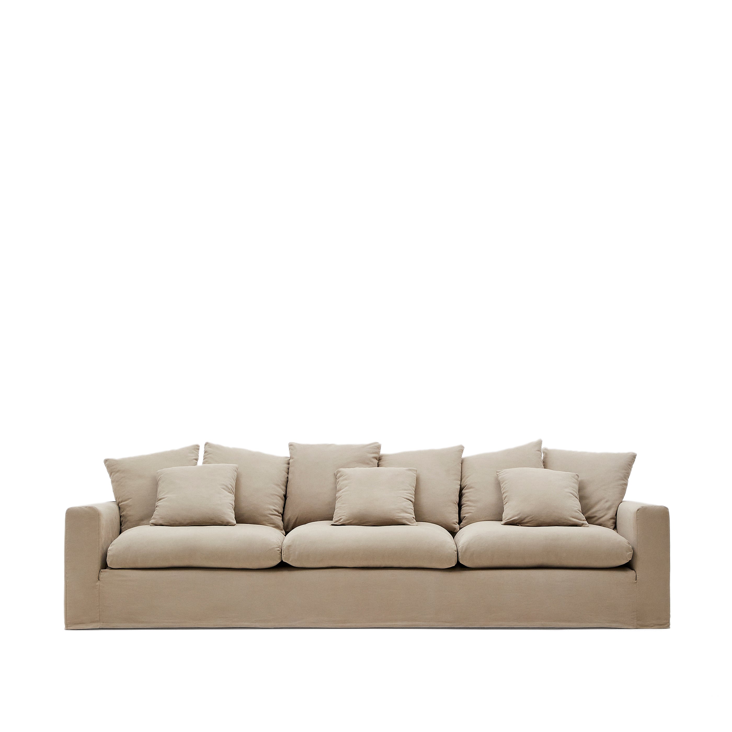 Nora 4-seater sofa with removable cover and ocher gray linen and cotton cushions 340 cm