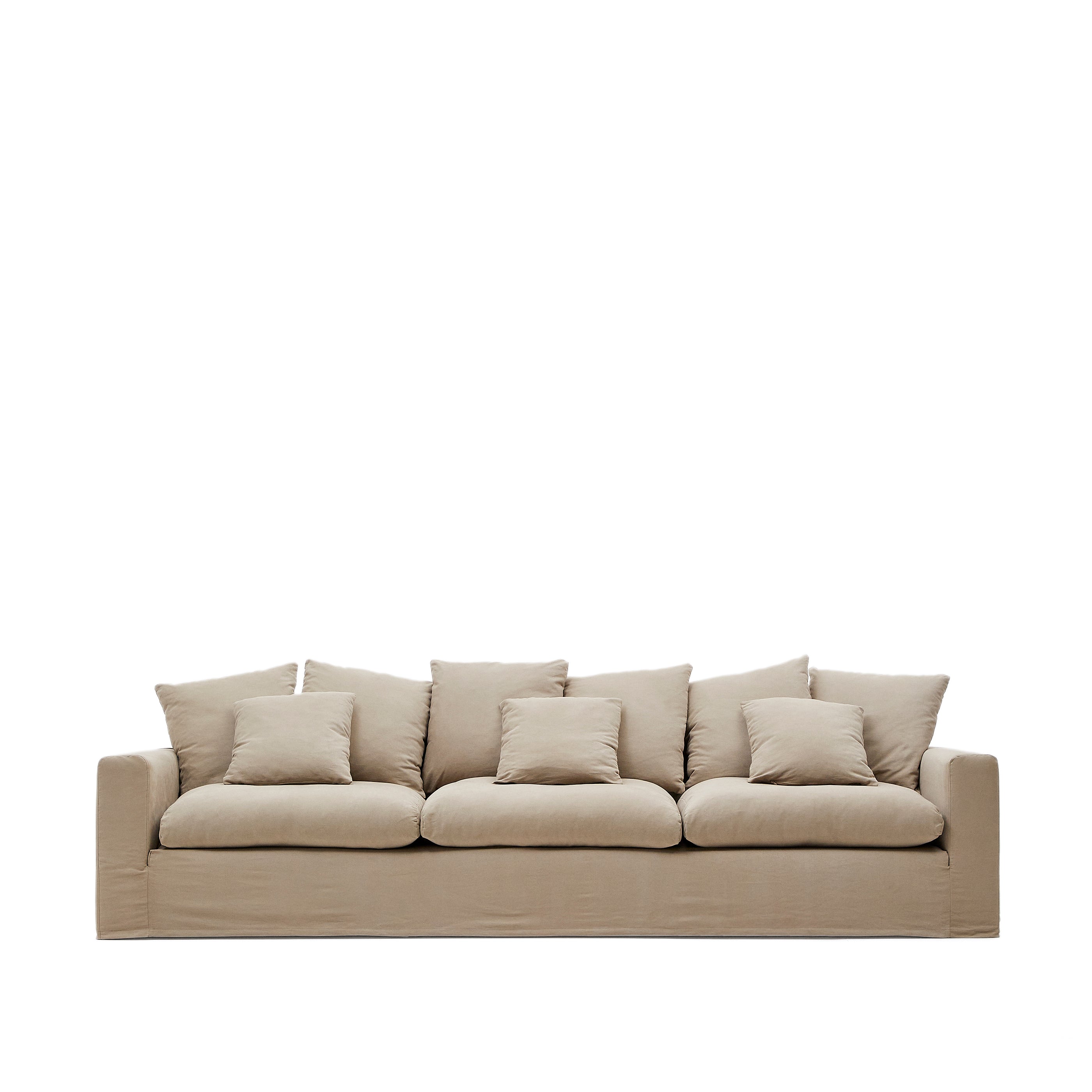 Nora 4-seater sofa with removable cover with linen and cotton cushions in taupe 340cm - Product Image