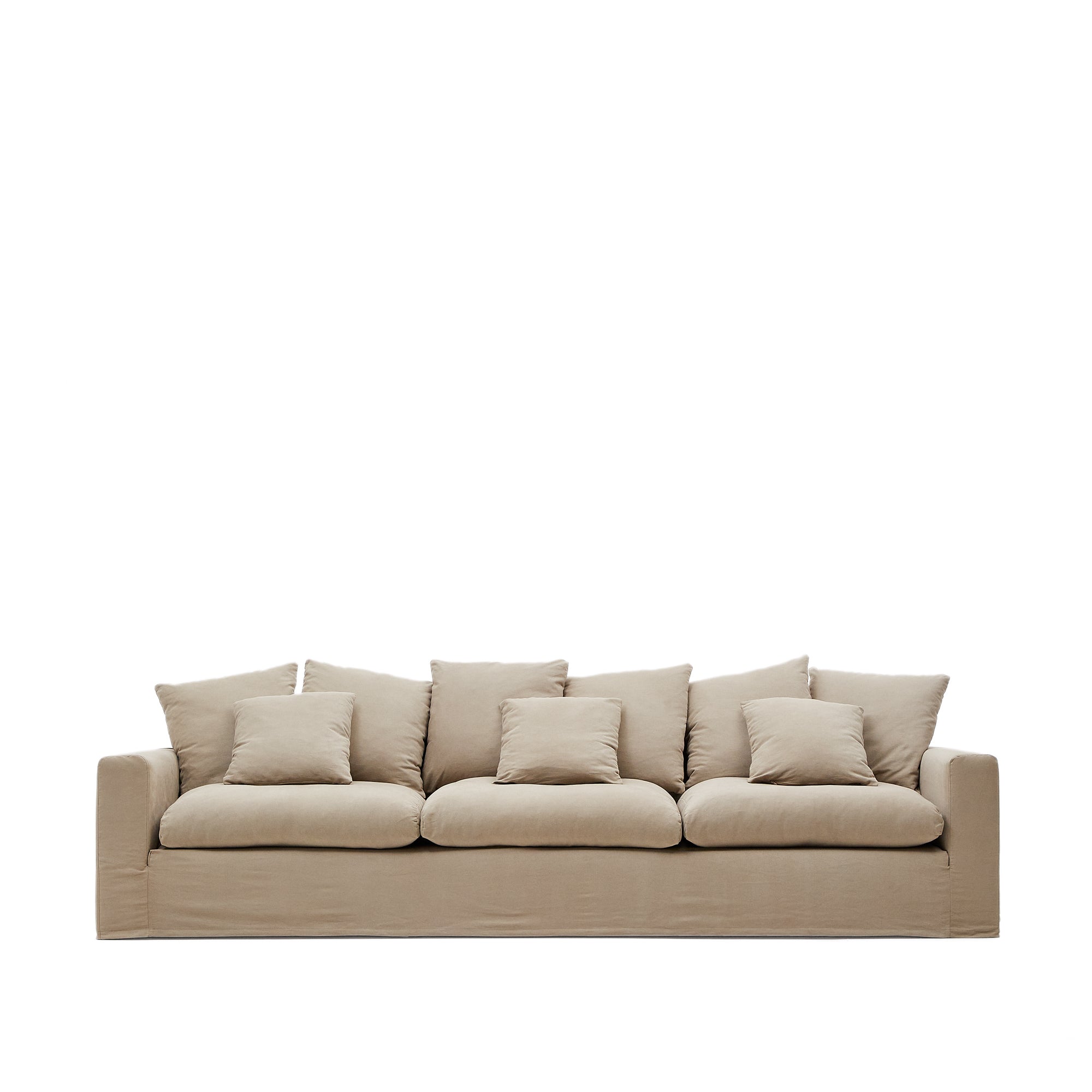 Nora 4-seater sofa with removable cover with linen and cotton cushions in taupe 340cm - Product Image