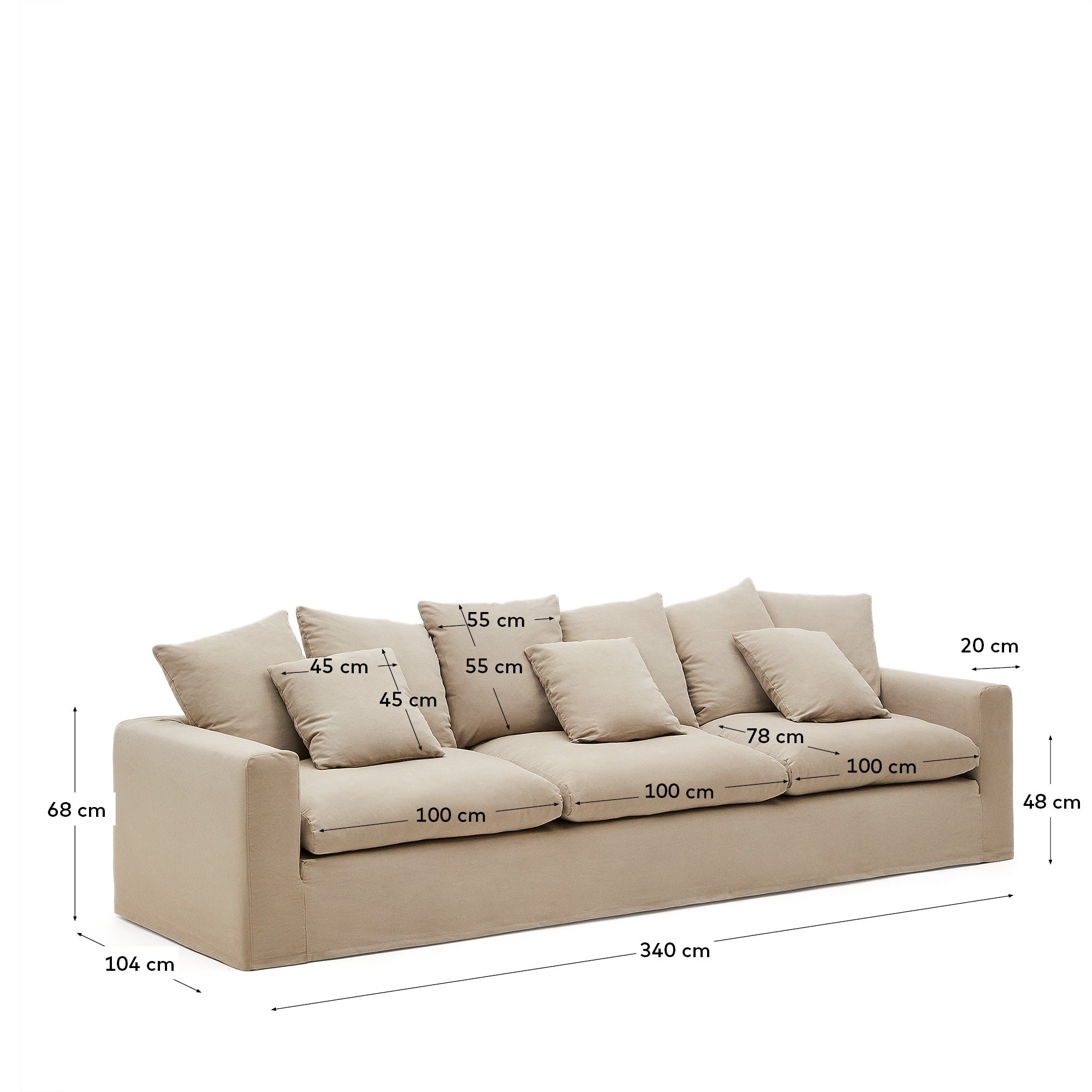 Nora 4-seater sofa with removable cover with linen and cotton cushions in taupe 340cm - Measurements