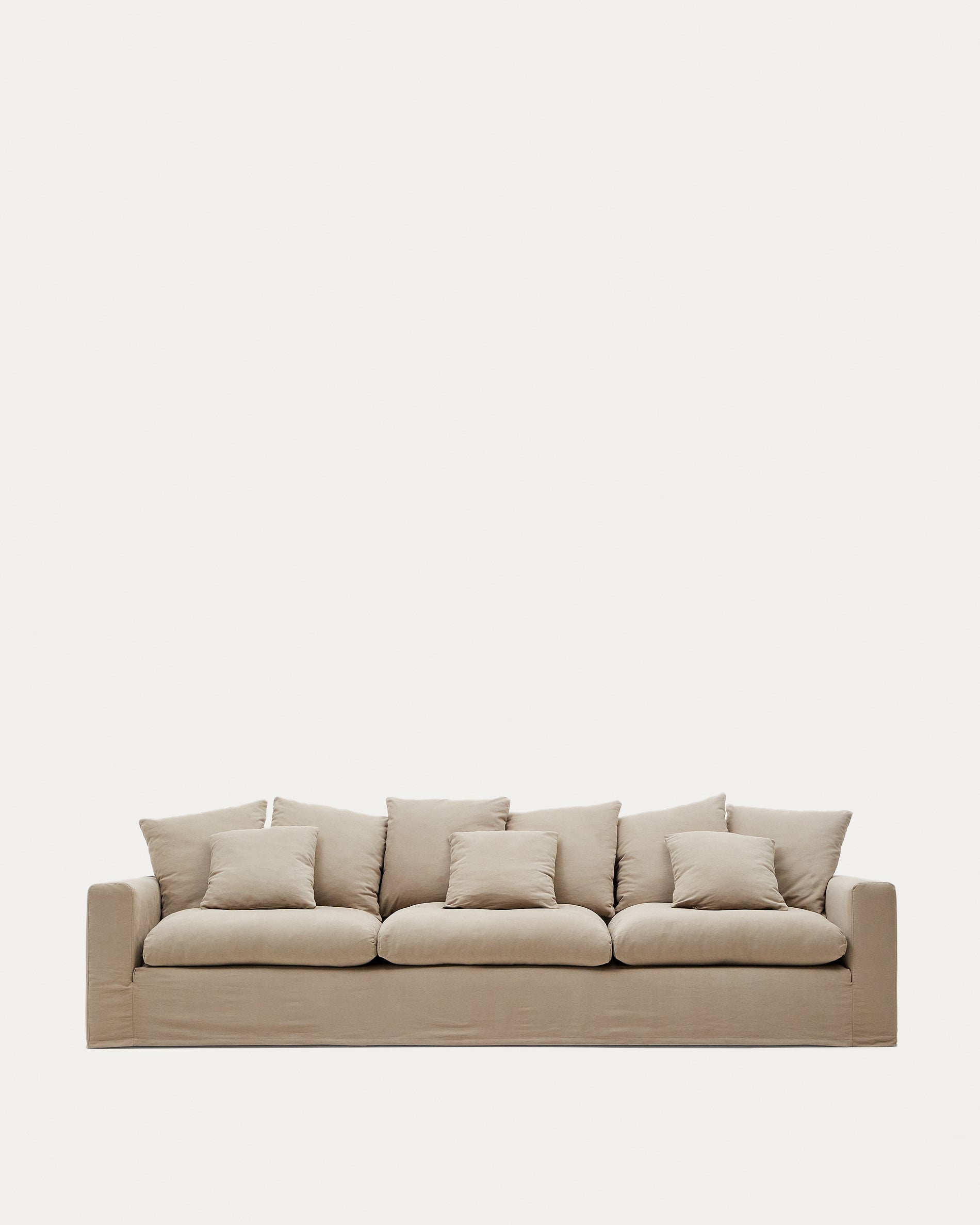 Nora 4 személyes kanapé levehető huzattal és okkerszürke vászon és pamut párnákkal 340 cm