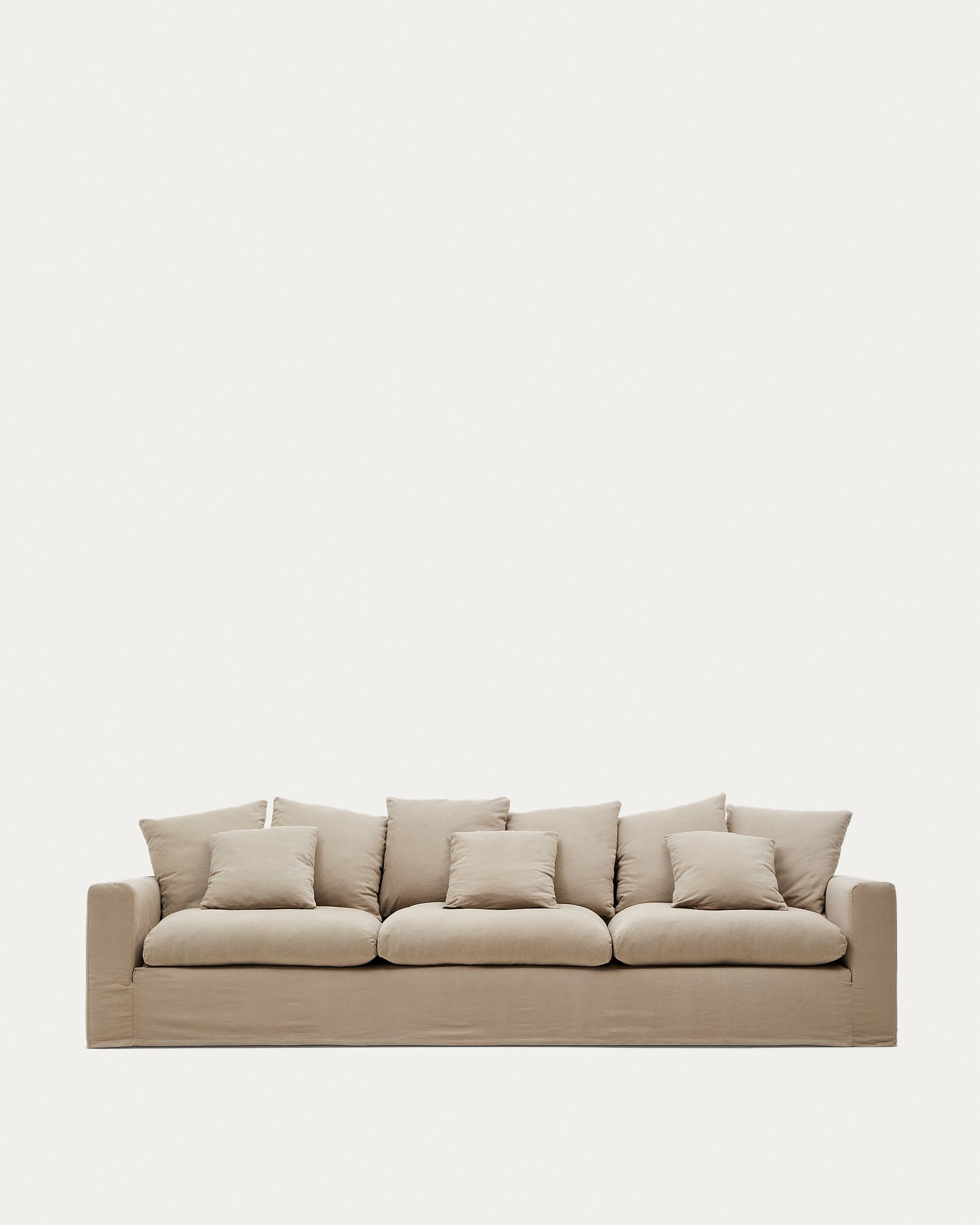 Nora 4-seater sofa with removable cover with linen and cotton cushions in taupe 340cm - Product View