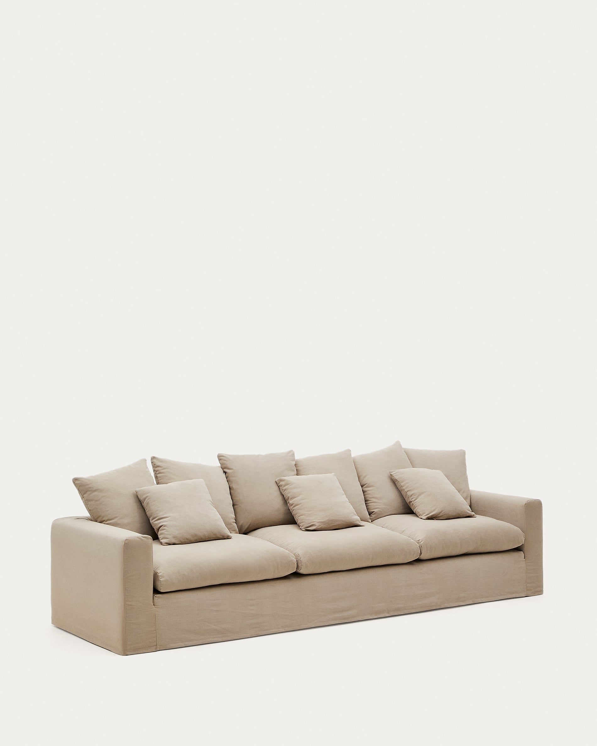 Nora 4-seater sofa with removable cover with linen and cotton cushions in taupe 340cm - Product View