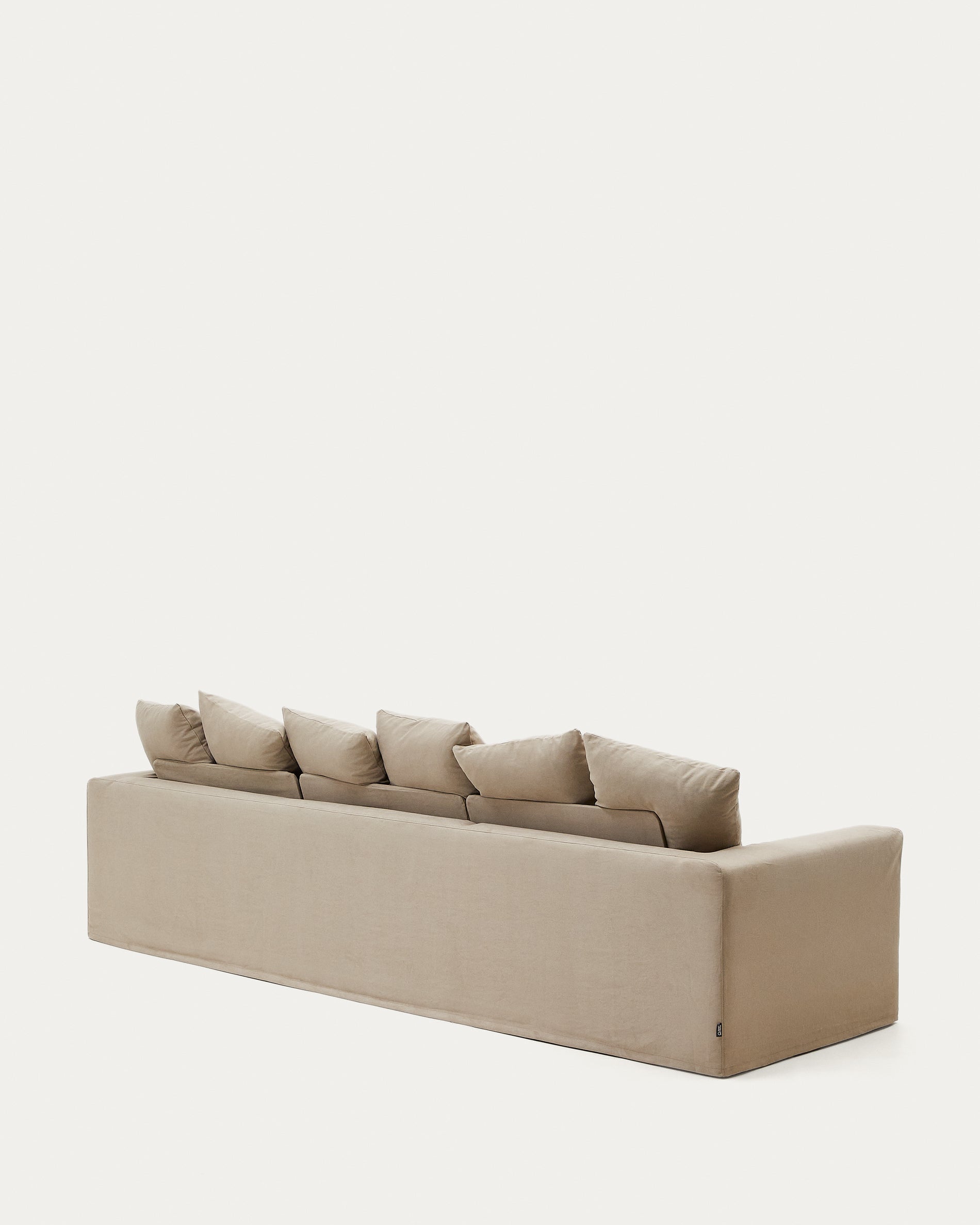 Nora 4-seater sofa with removable cover with linen and cotton cushions in taupe 340cm - Product View