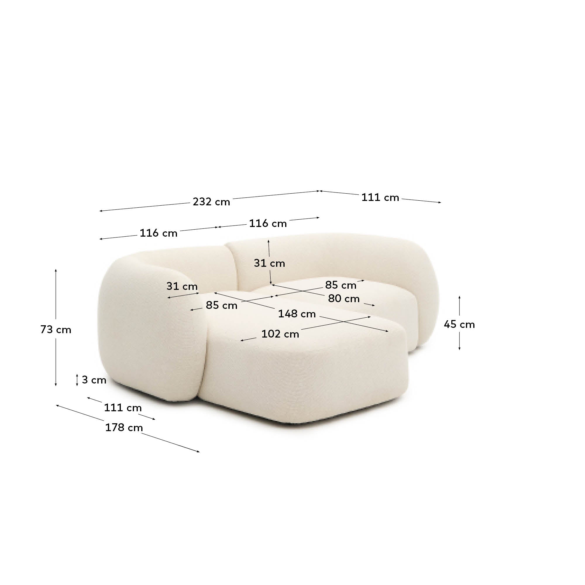 Martina ecru chenille 2-seater modular sofa with left chaise longue 230cm - Measurements