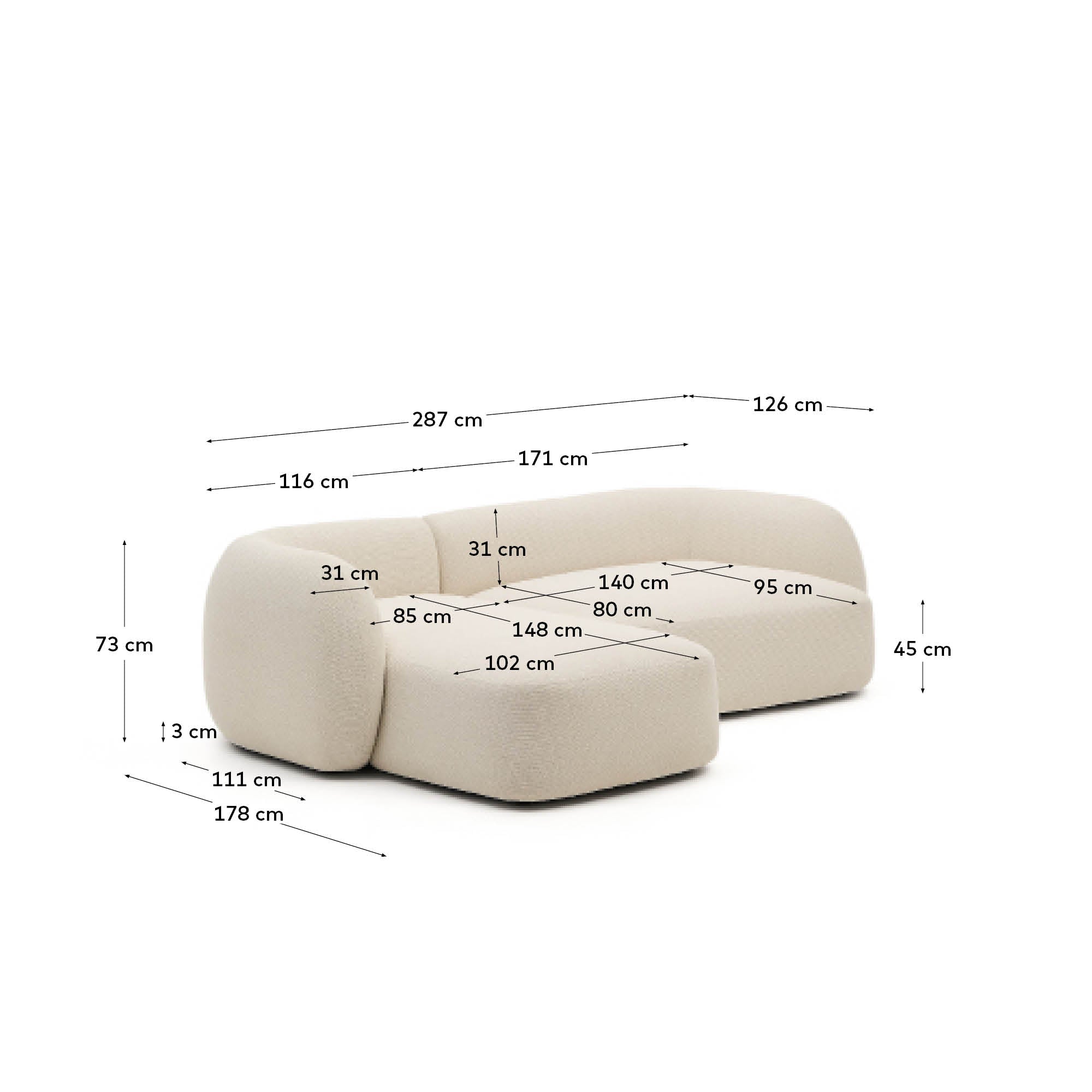 Martina ecru chenille 3-seater modular sofa with left chaise longue 287cm - Measurements