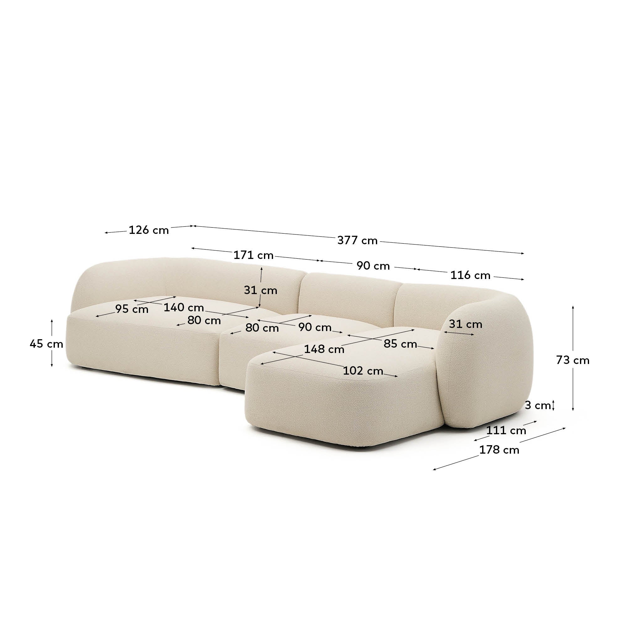 Martina ecru chenille 4-seater modular sofa with right chaise longue 377cm - Measurements