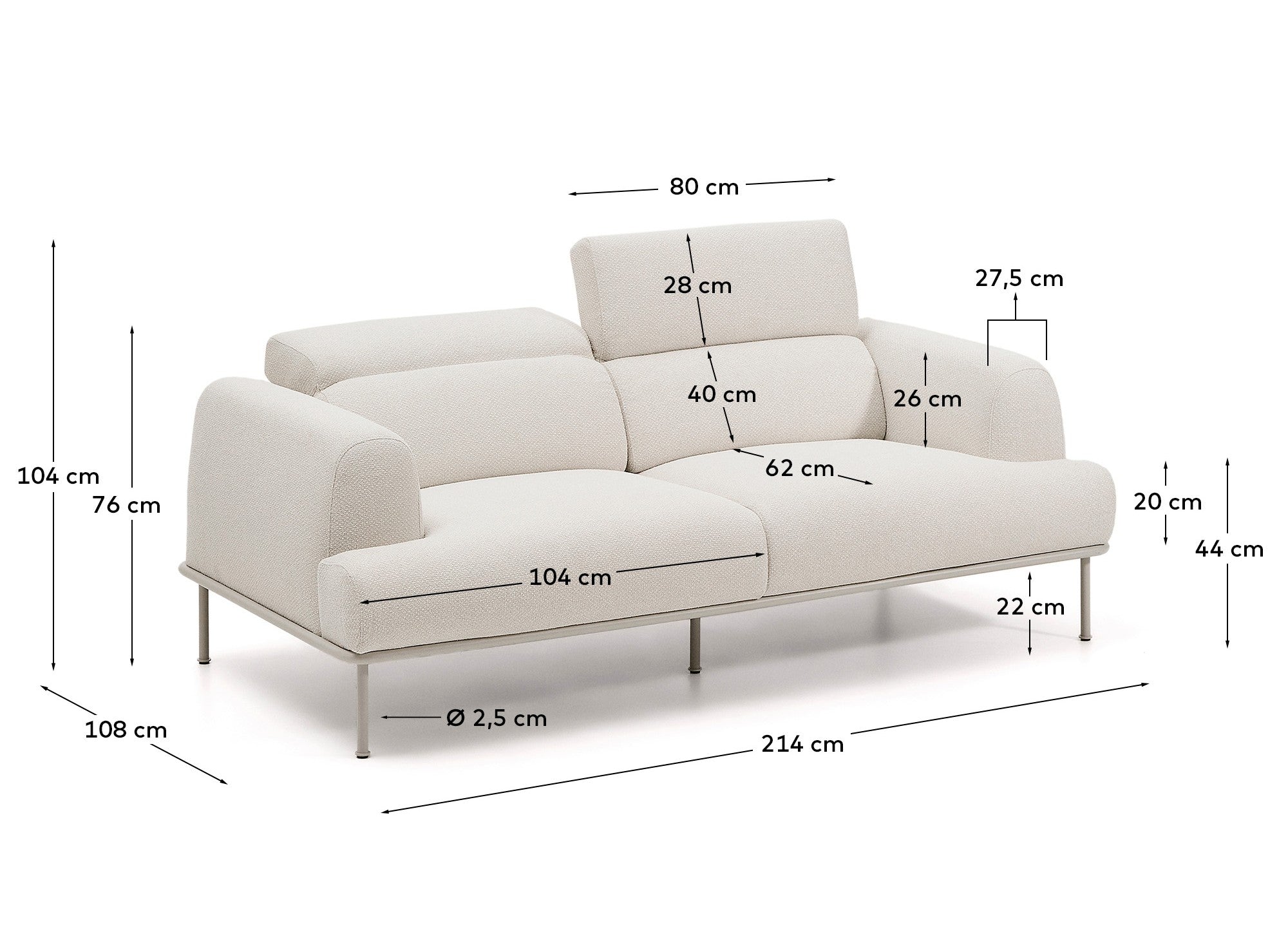 Aurum 2-seater sofa in ecru chenille with reclining headrest and matte beige metal base 214 cm FSC Mix Credit - Measurements