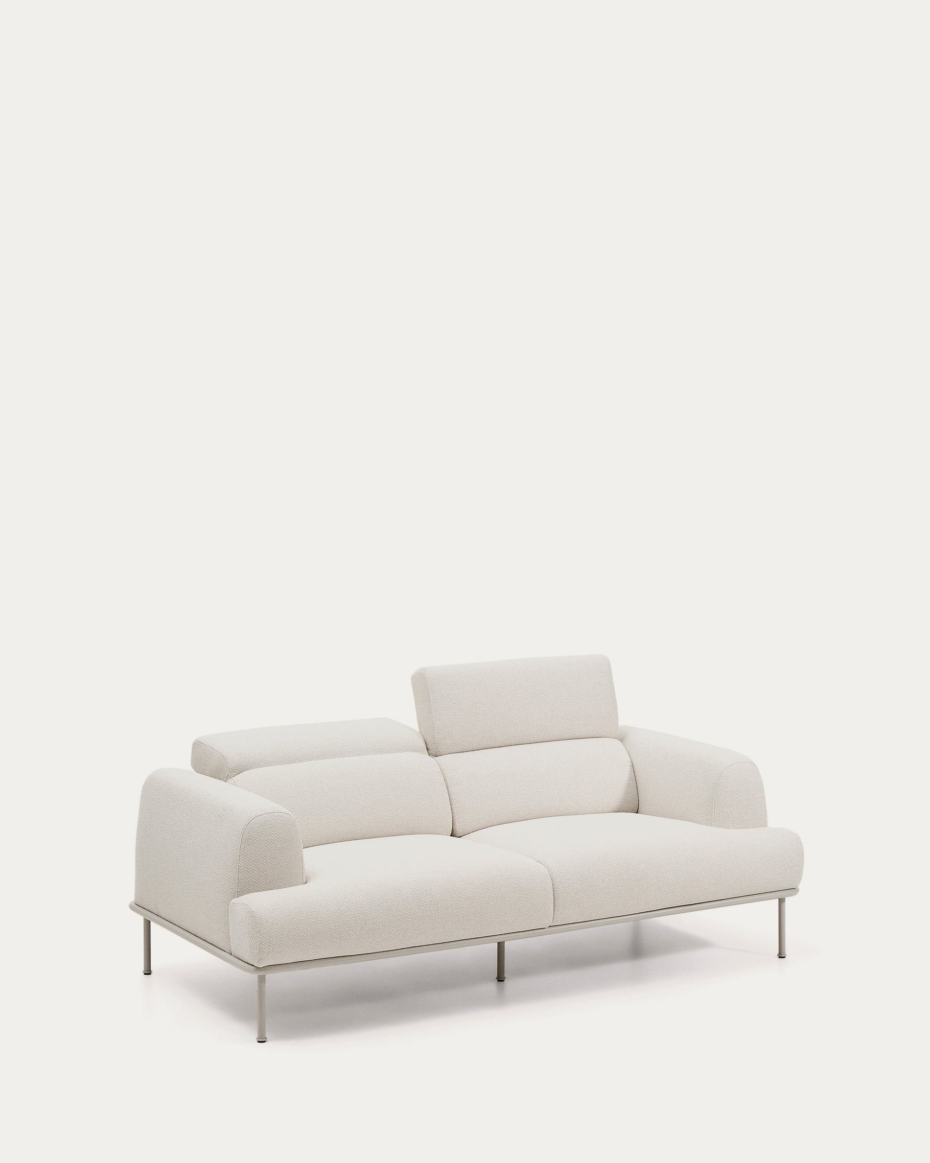 Aurum 2-seater sofa in ecru chenille with reclining headrest and matte beige metal base 214 cm FSC Mix Credit - Product View