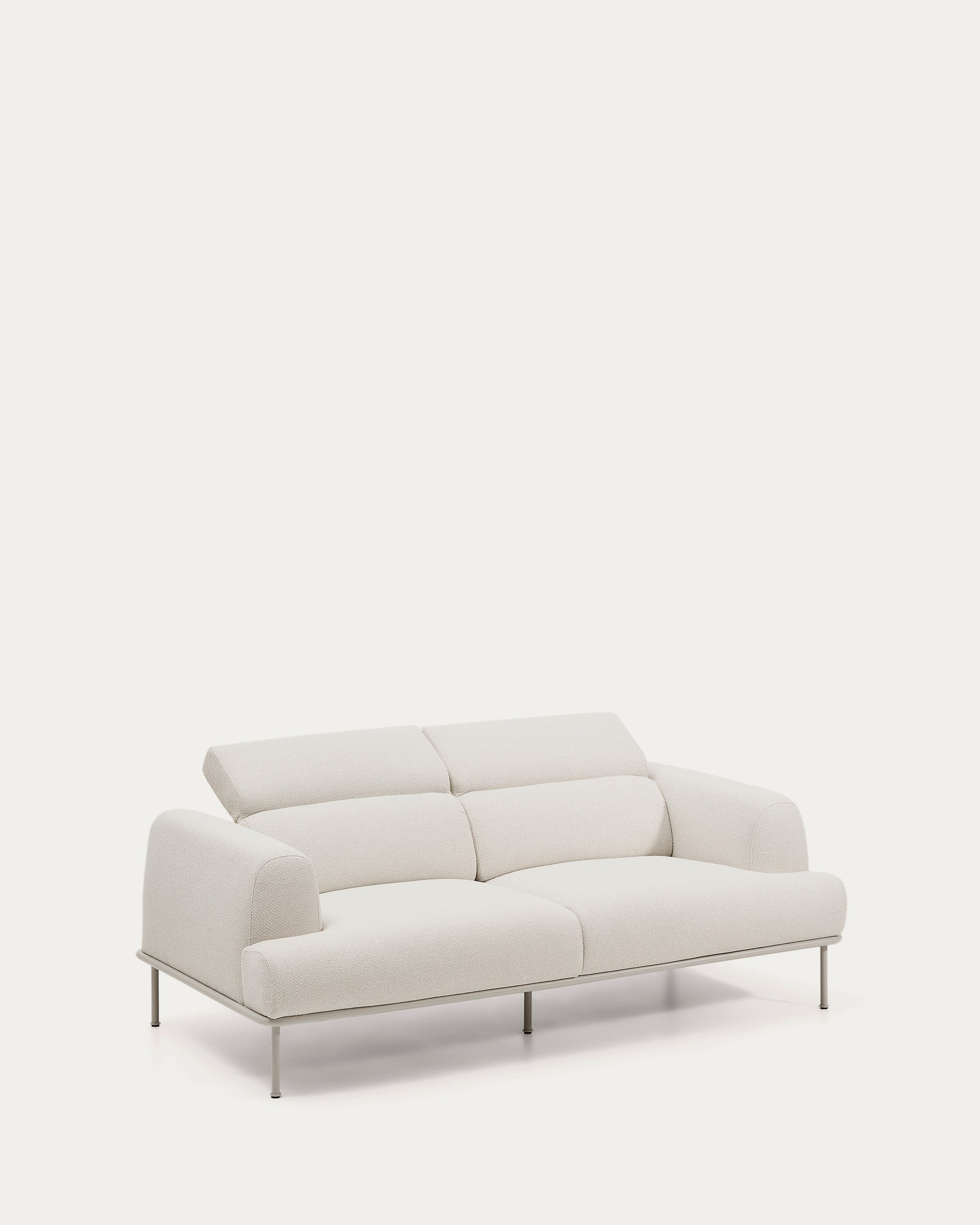 Aurum 2-seater sofa in ecru chenille with reclining headrest and matte beige metal base 214 cm FSC Mix Credit - Product View