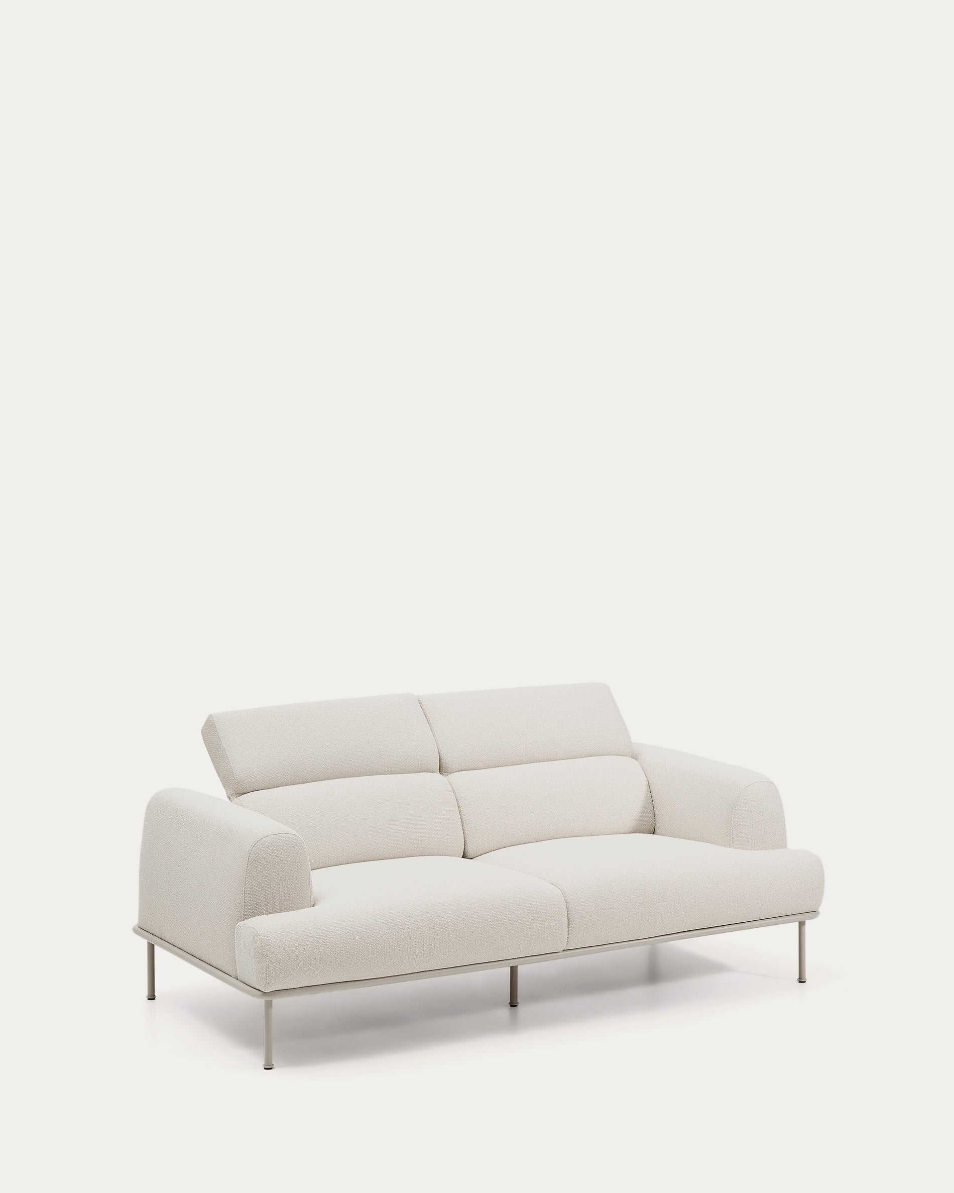 Aurum 2-seater sofa in ecru chenille with reclining headrest and matte beige metal base 214 cm FSC Mix Credit - Product View