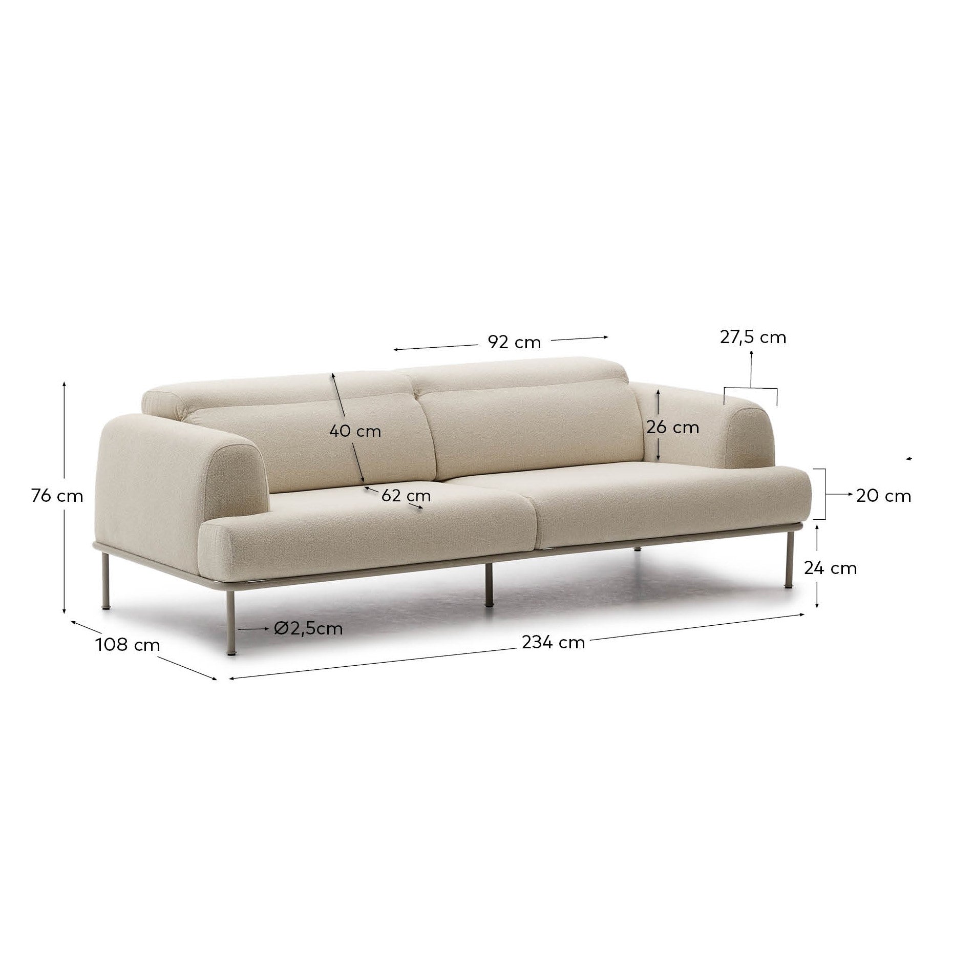 Aurum 3-seater sofa in ecru chenille with reclining headrest and matte beige metal base 234cm FSC Mix Credit - Measurements