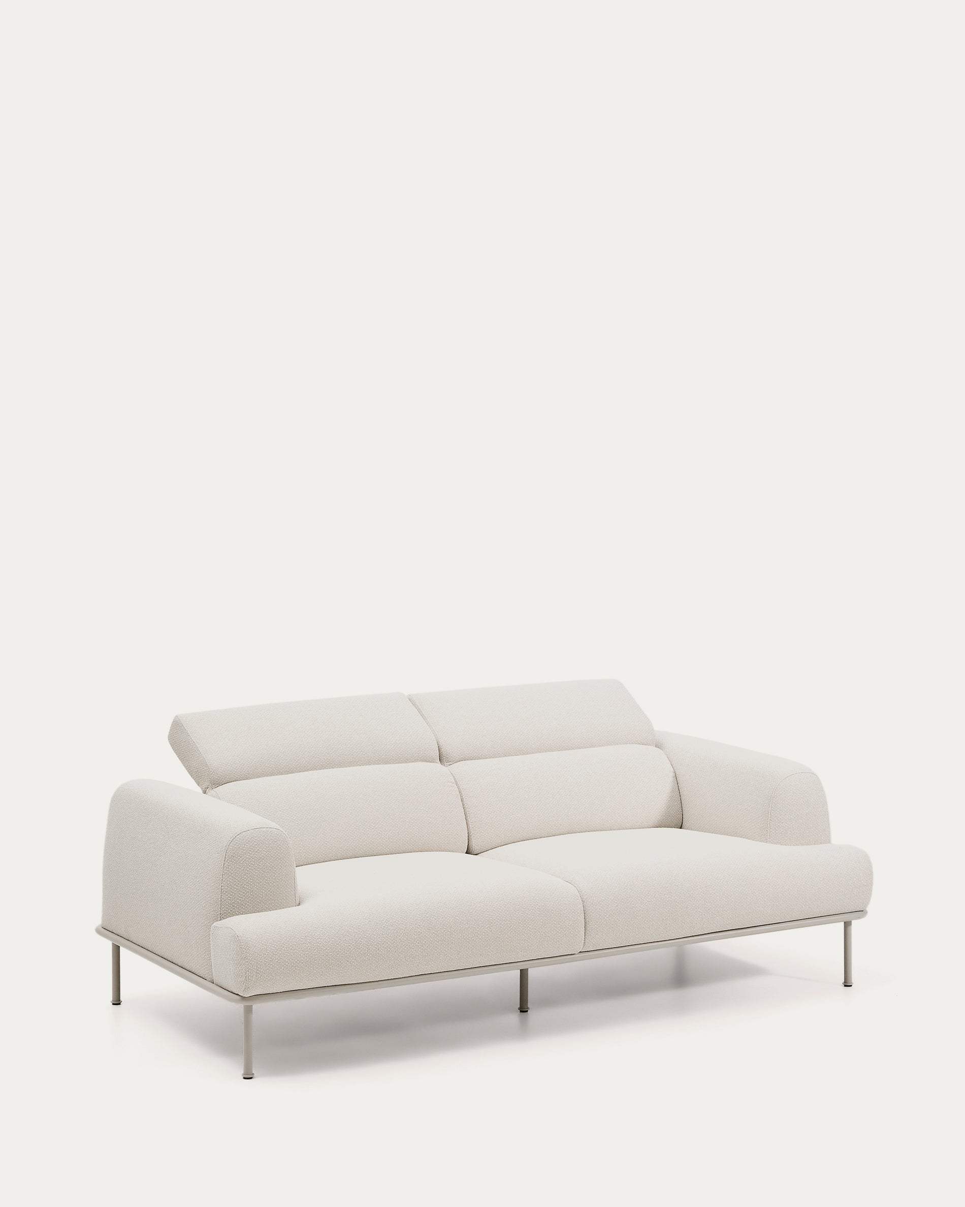 Aurum 3-seater sofa in ecru chenille with reclining headrest and matte beige metal base 234cm FSC Mix Credit - Product View