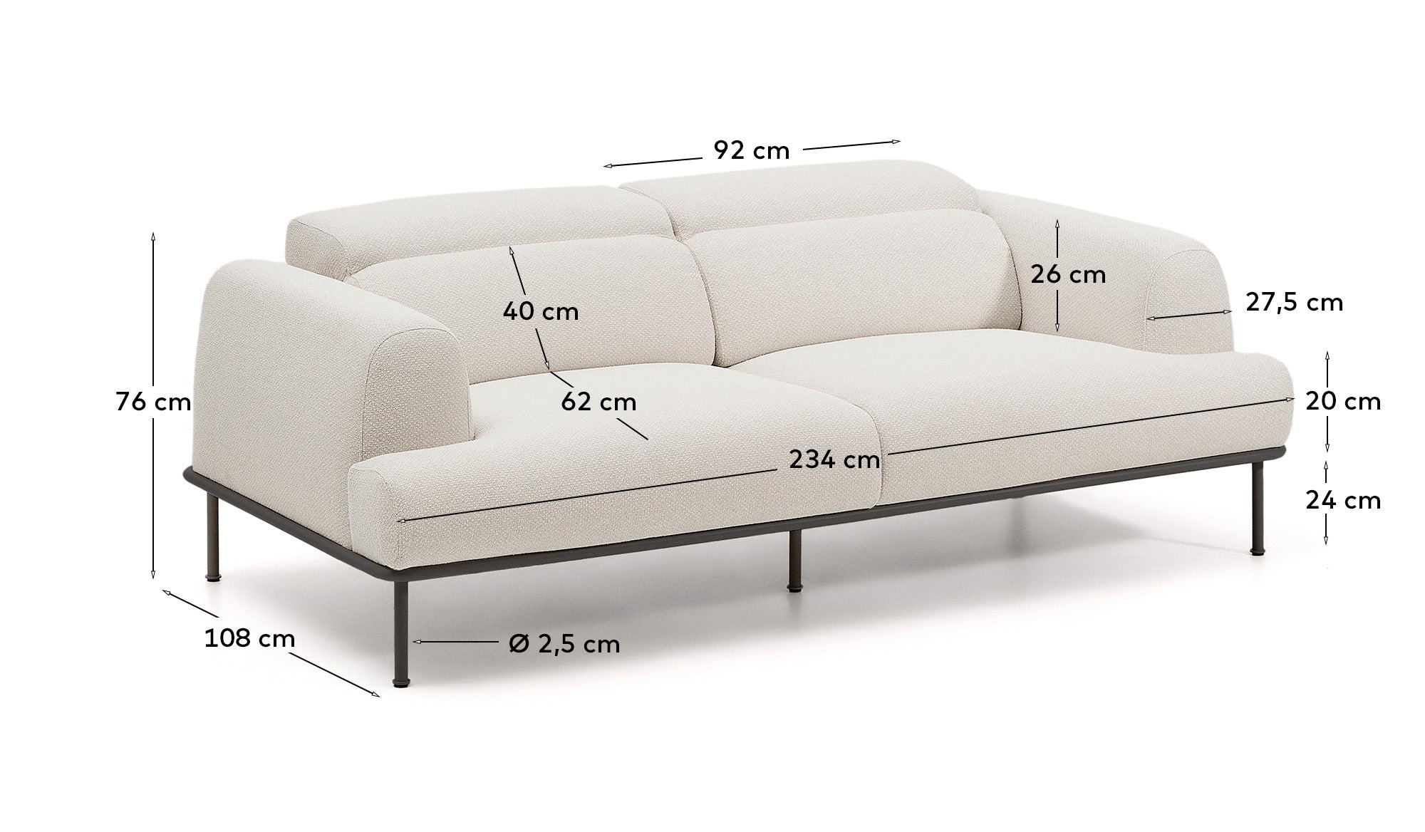 Aurum 3-seater sofa in ecru chenille with reclining headrest and matte grey metal base 234cm FSC Mix Credit - Measurements