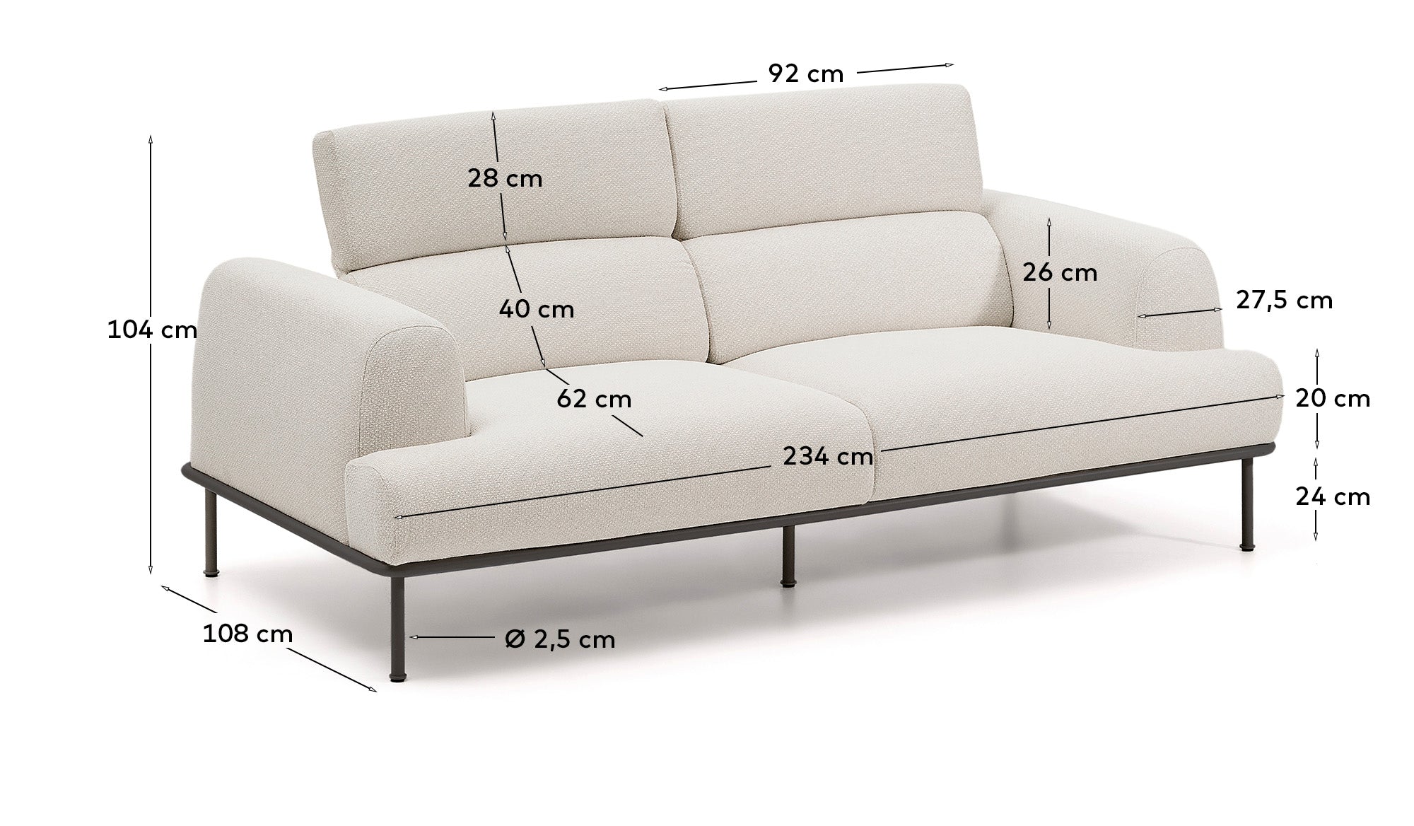 Aurum 3-seater sofa in ecru chenille with reclining headrest and matte grey metal base 234cm FSC Mix Credit - Measurements