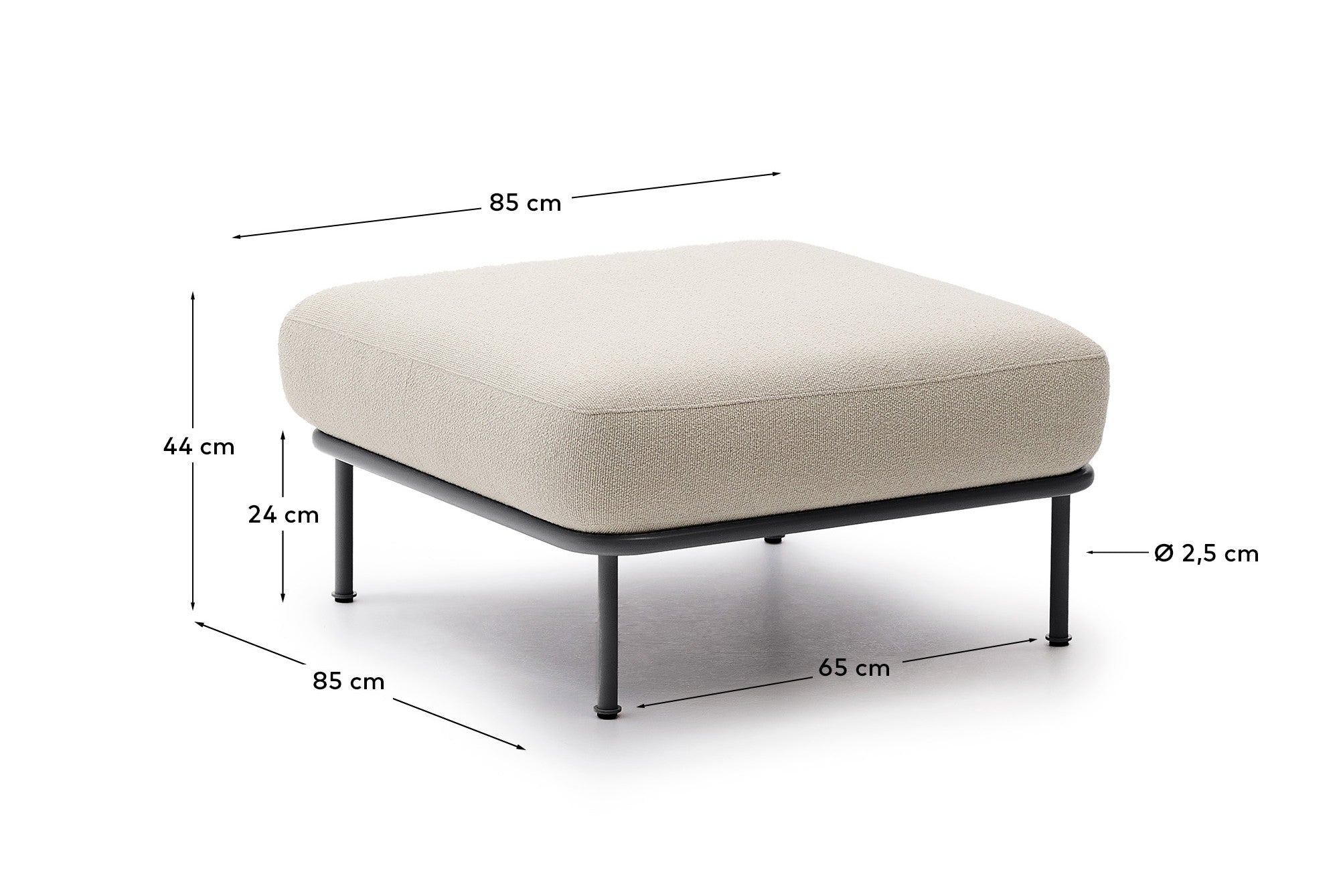 Aurum ecru chenille footrest with matte grey metal base 85 x 85cm FSC Mix Credit - Measurements