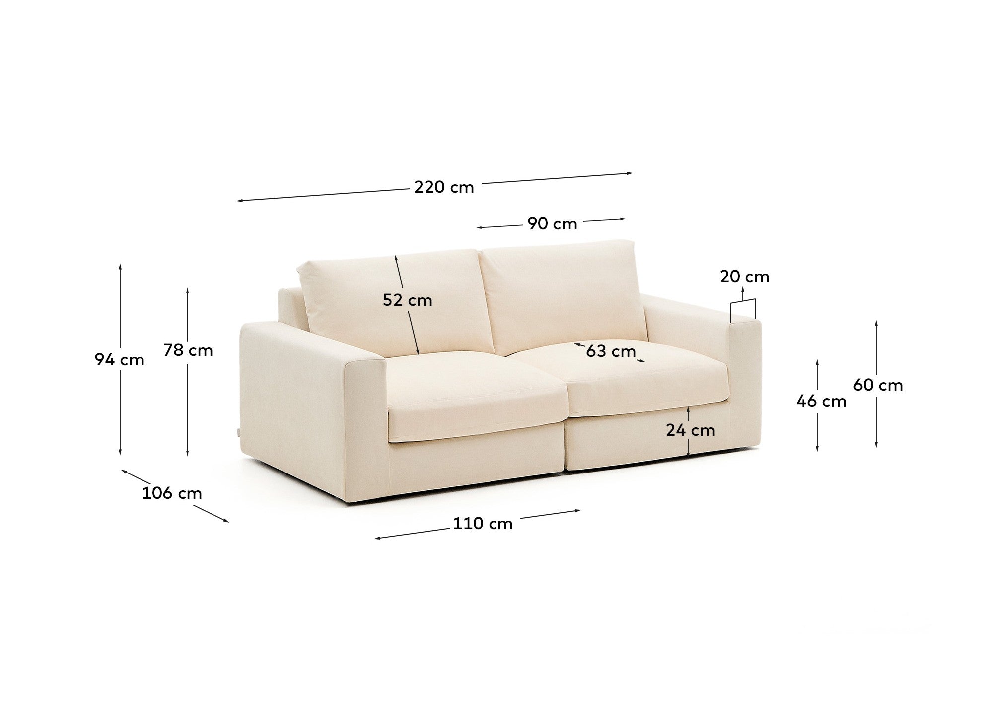 Alea ecru chenille 3-seater modular sofa with removable cover 220cm - Measurements