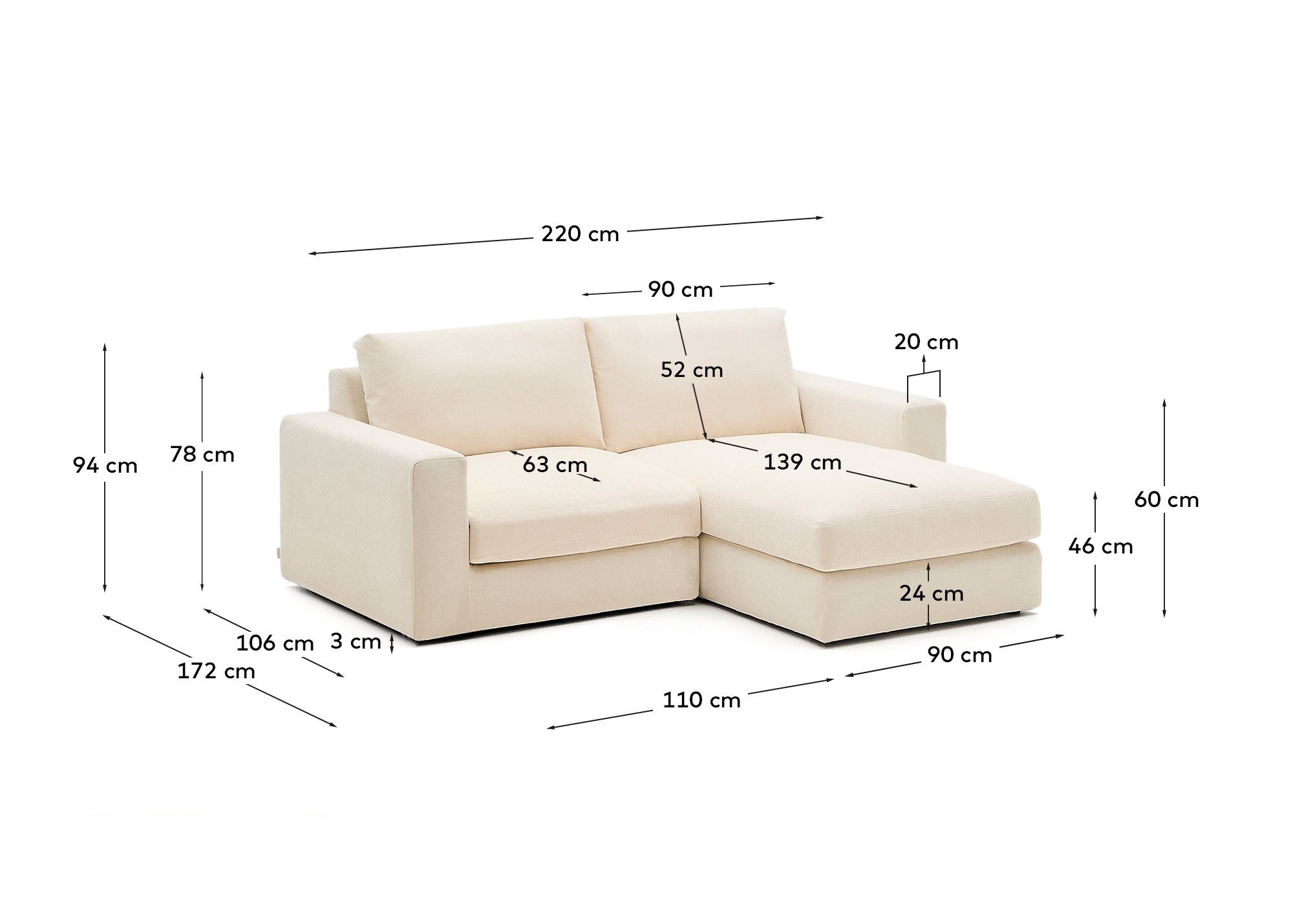 Alea ecru chenille 3-seater modular sofa with right chaise longue and removable cover 220cm - Measurements