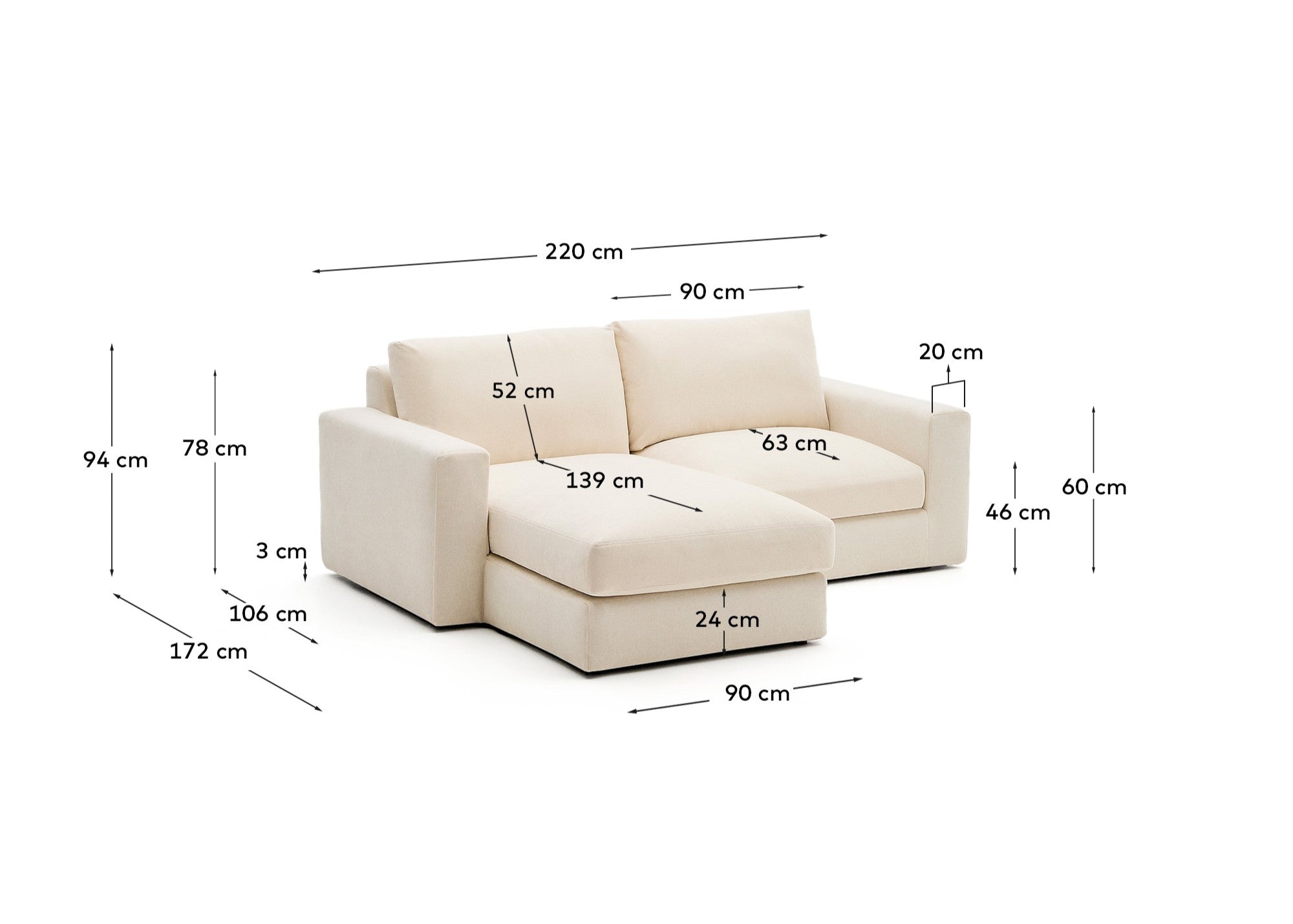 Alea ecru chenille 3-seater modular sofa with left chaise longue and removable cover 220cm - Measurements